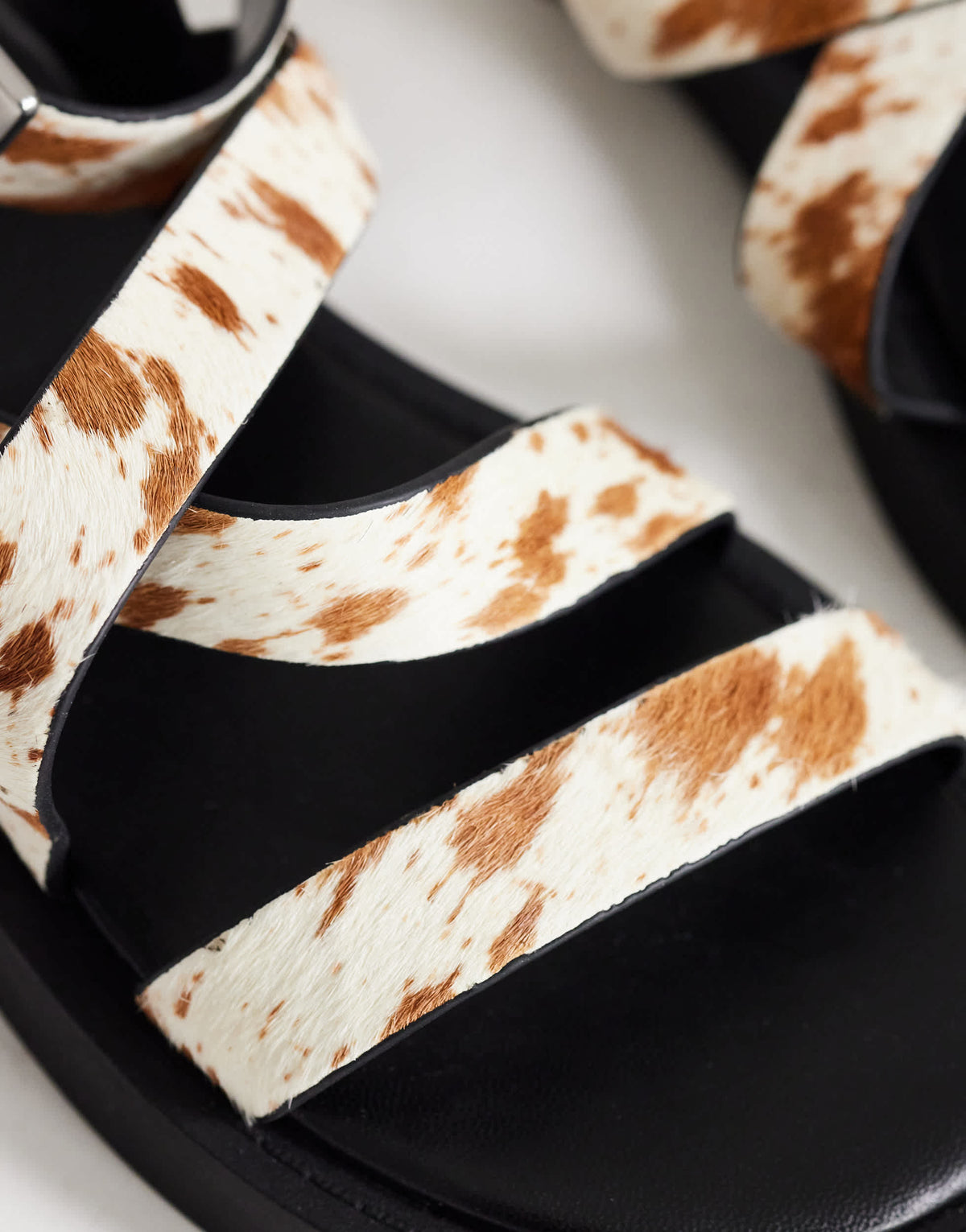Topshop Sasha strappy flat sandal in cow print hair on real leather