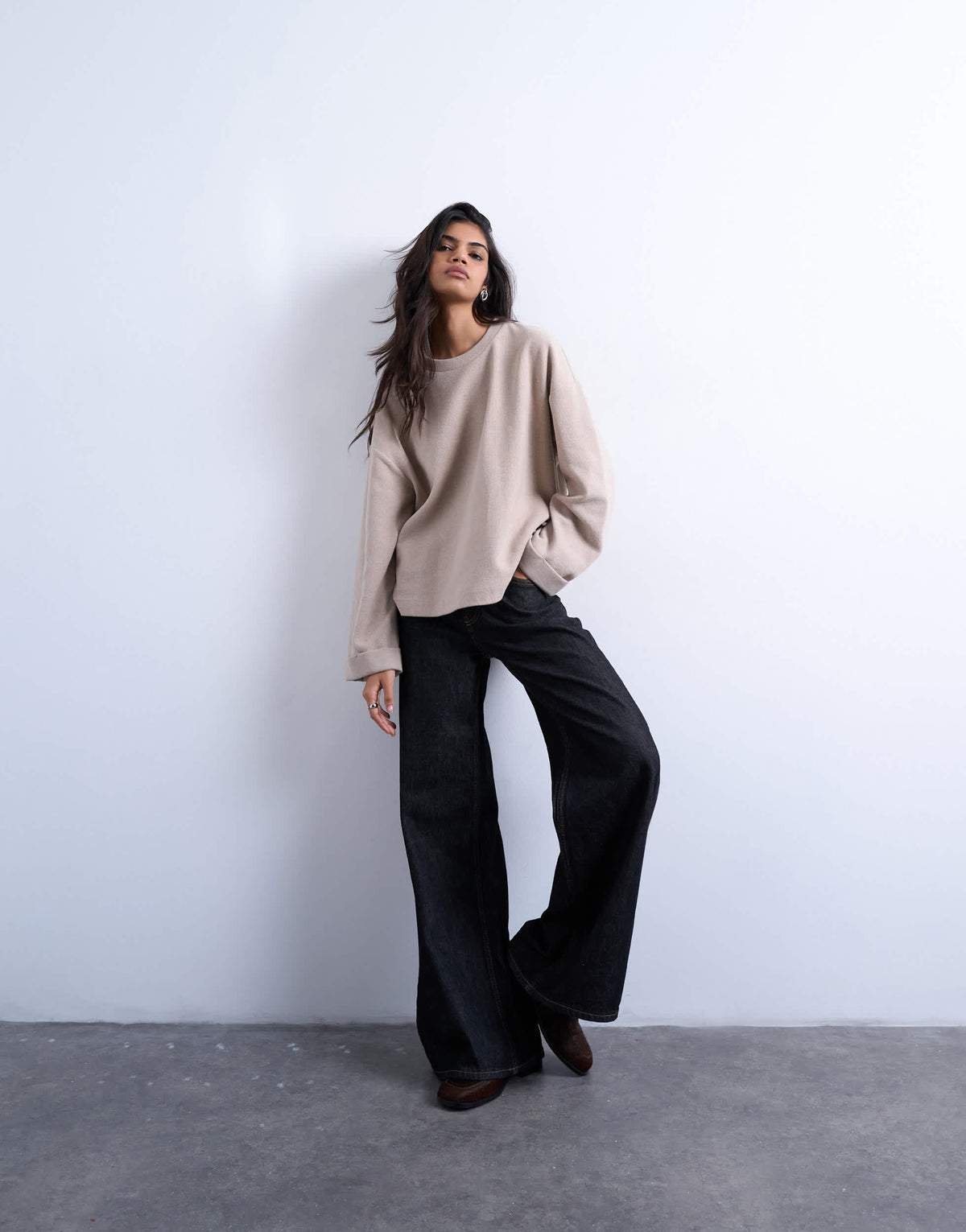 Topshop soft touch wide sleeve skater tee in taupe