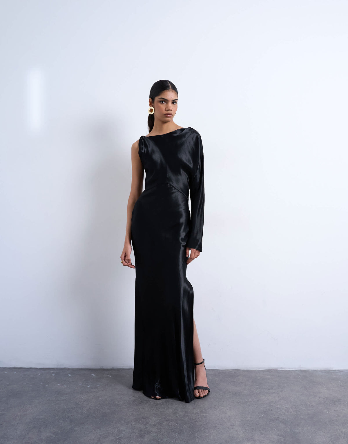 Topshop one sleeve twist strap satin maxi dress in black