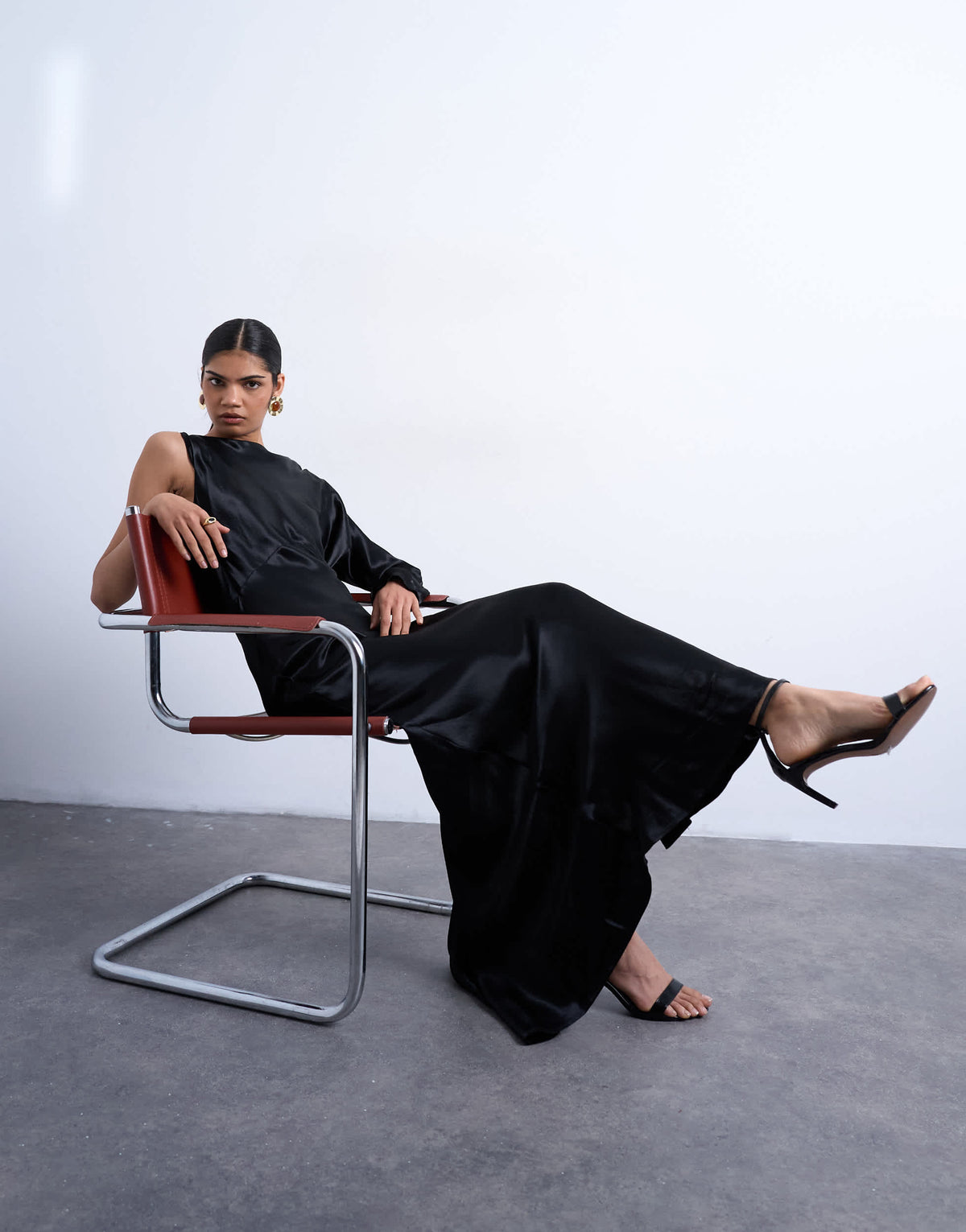 Topshop one sleeve twist strap satin maxi dress in black