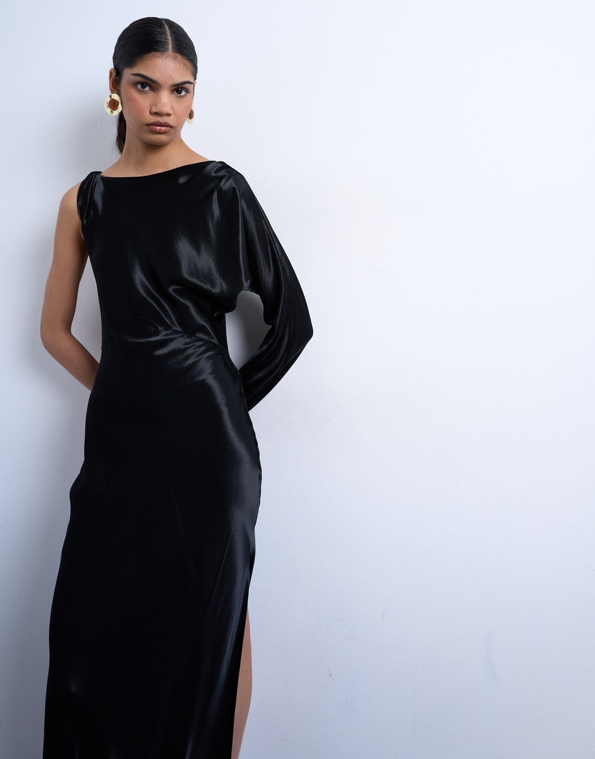 Topshop one sleeve twist strap satin maxi dress in black