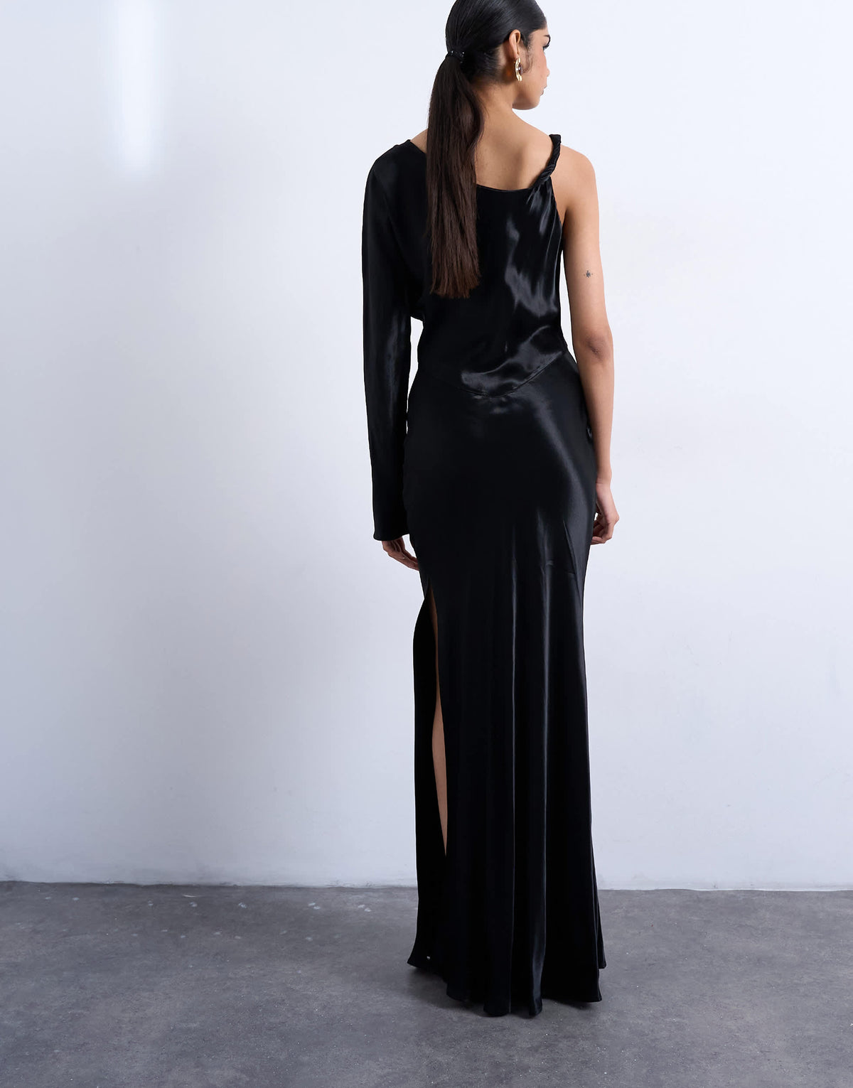Topshop one sleeve twist strap satin maxi dress in black