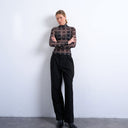 Topshop mesh high neck check print long sleeve top in black
