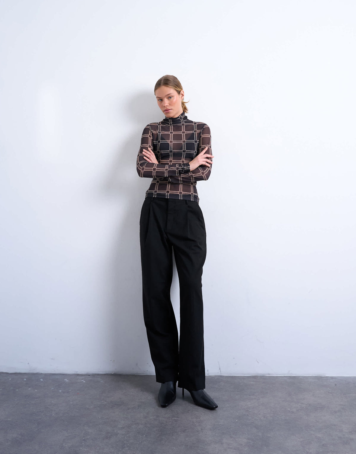 Topshop mesh high neck check print long sleeve top in black