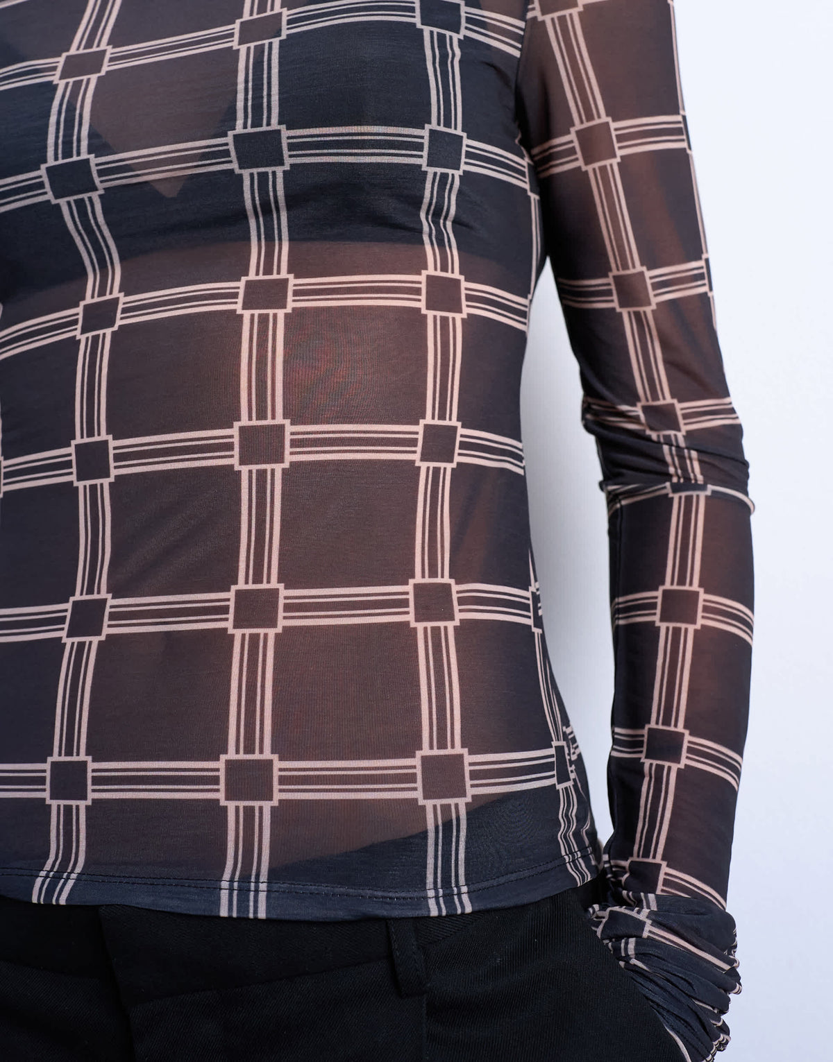Topshop mesh high neck check print long sleeve top in black
