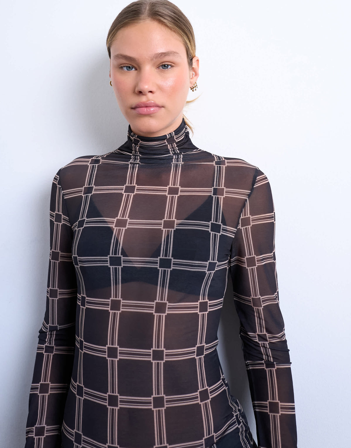 Topshop mesh high neck check print long sleeve top in black