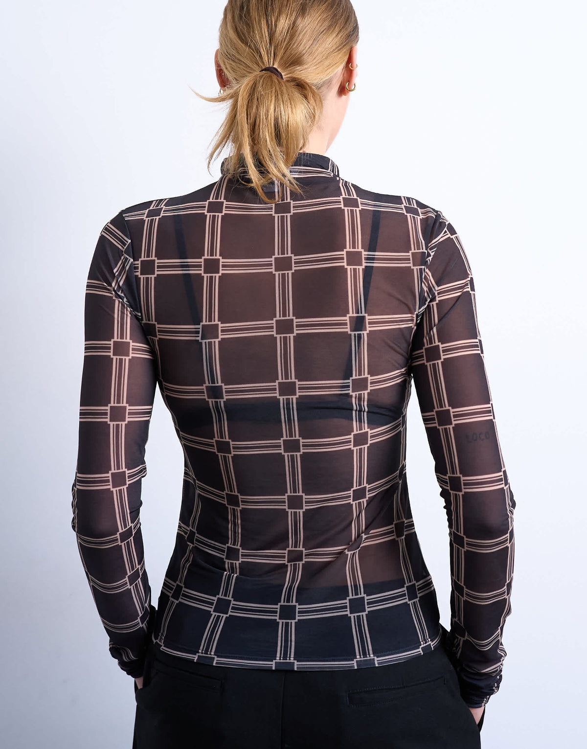 Topshop mesh high neck check print long sleeve top in black