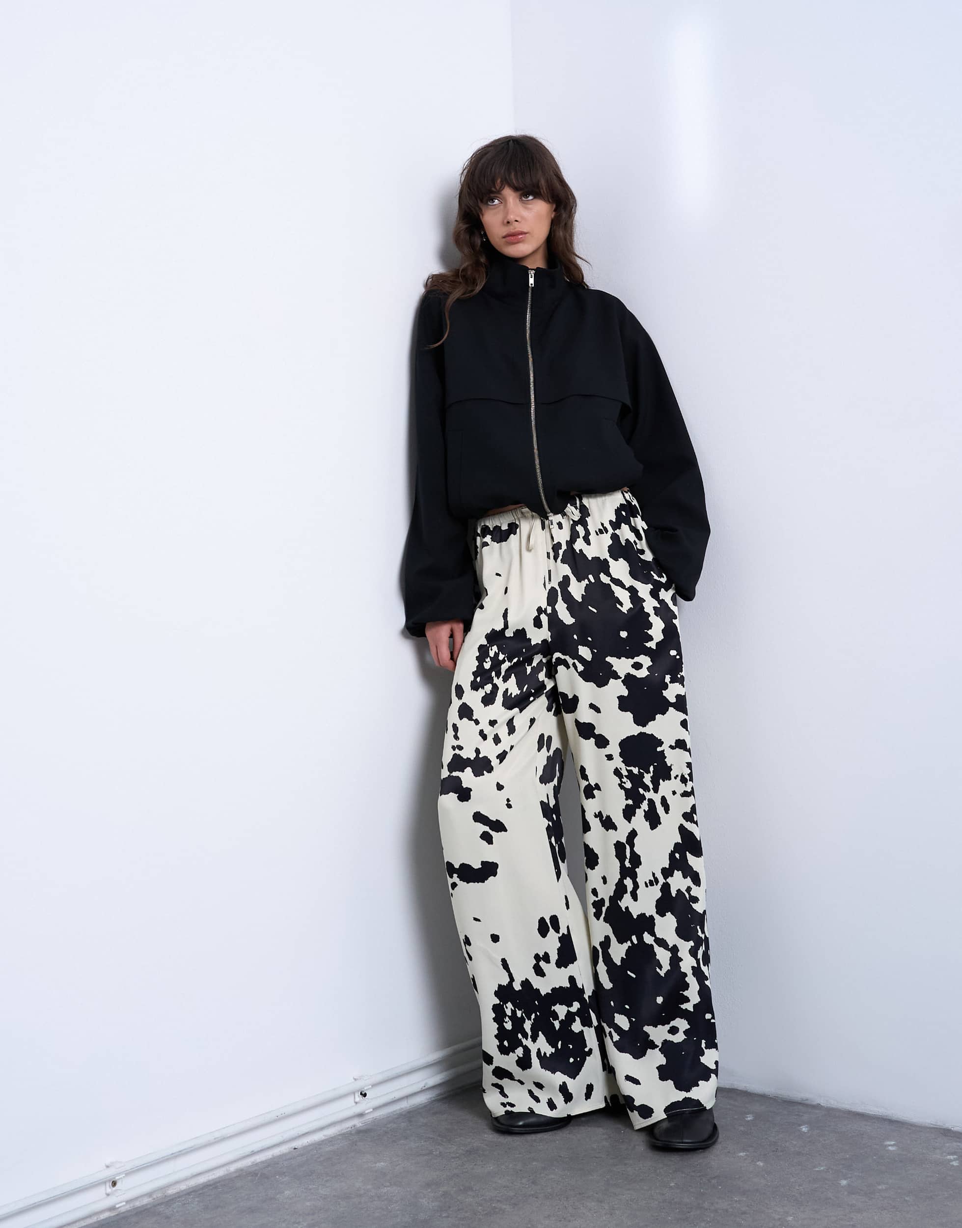 Topshop satin wide leg with tie waist trouser in cow print