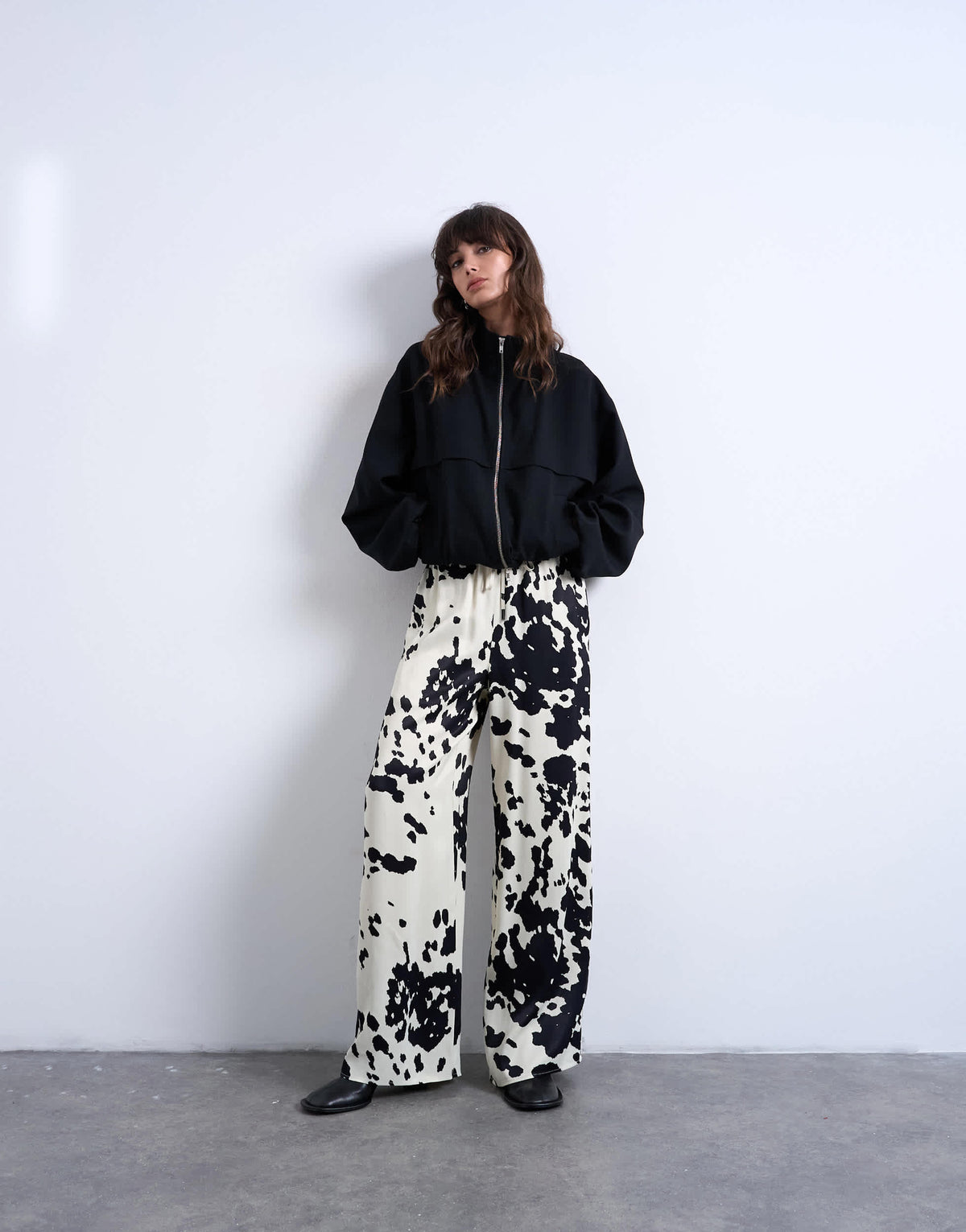 Topshop satin wide leg with tie waist trouser in cow print