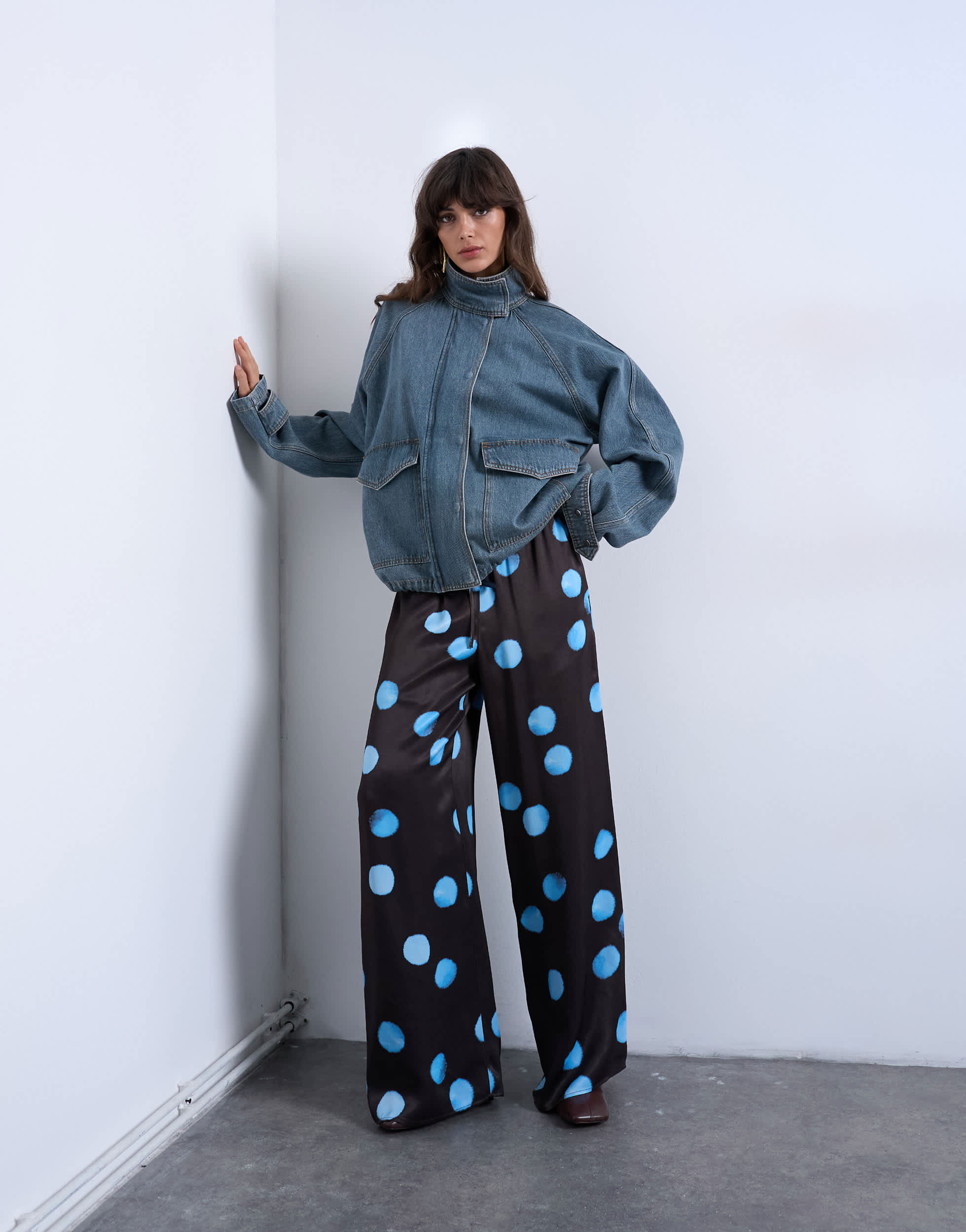 Topshop satin wide leg with tie waist trouser in polka dot