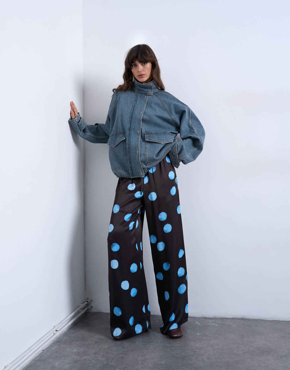 Topshop satin wide leg with tie waist trouser in polka dot
