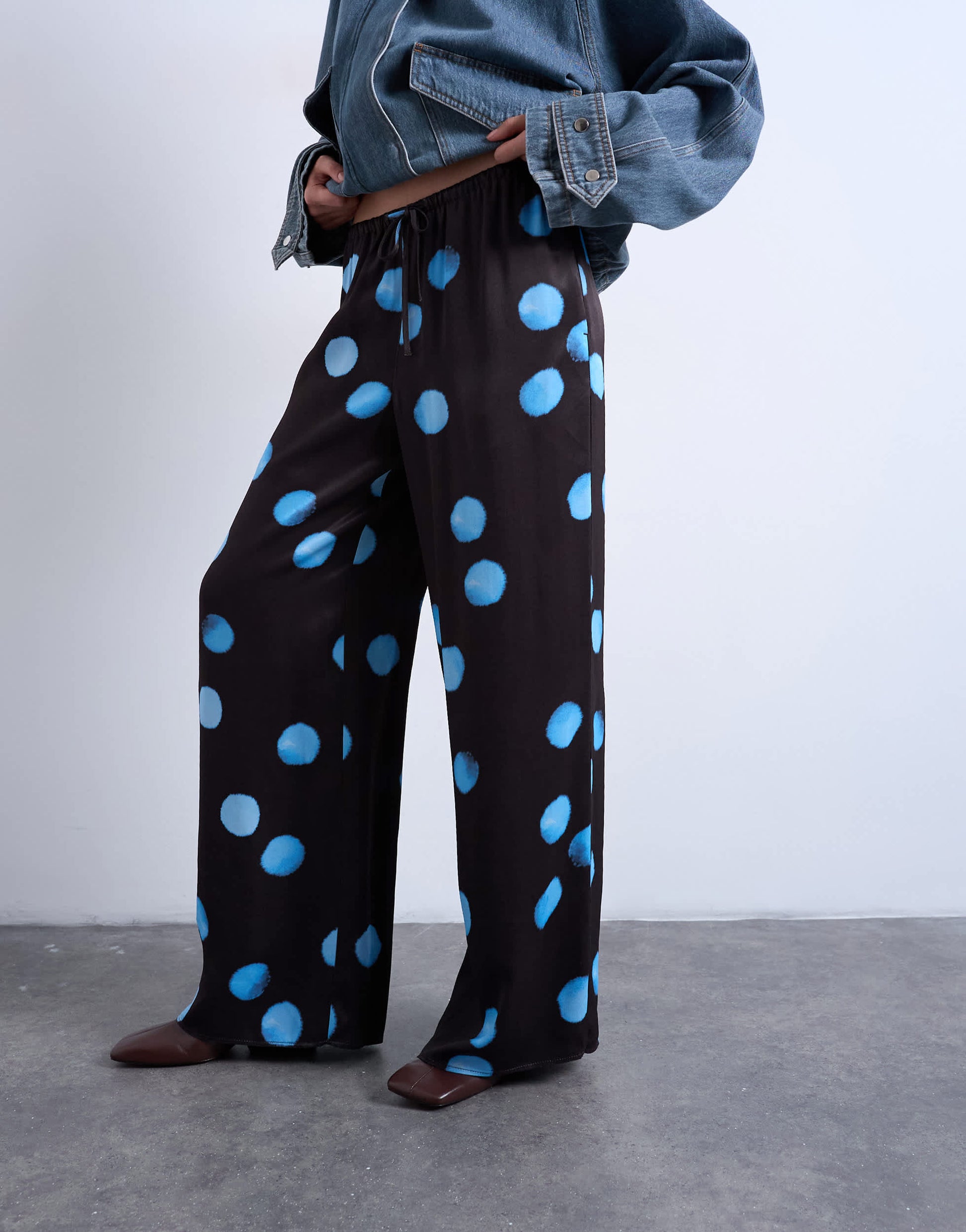 Topshop satin wide leg with tie waist trouser in polka dot