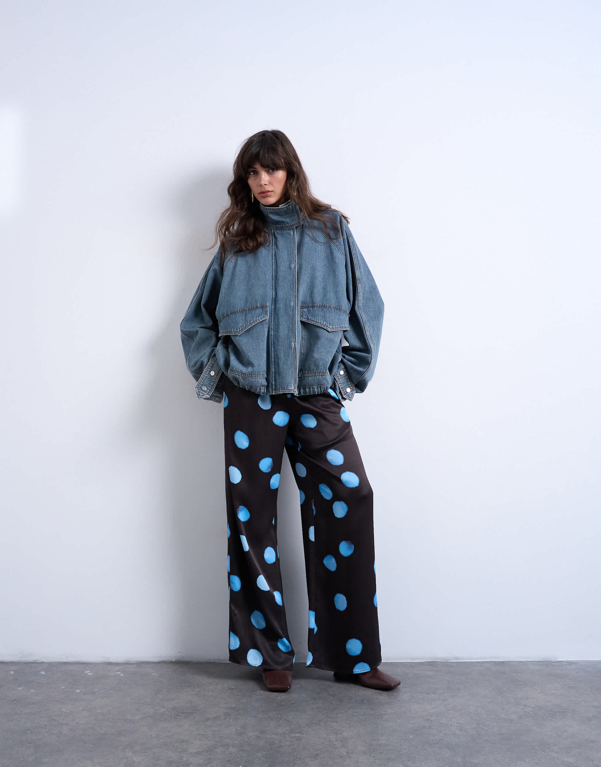 Topshop satin wide leg with tie waist trouser in polka dot