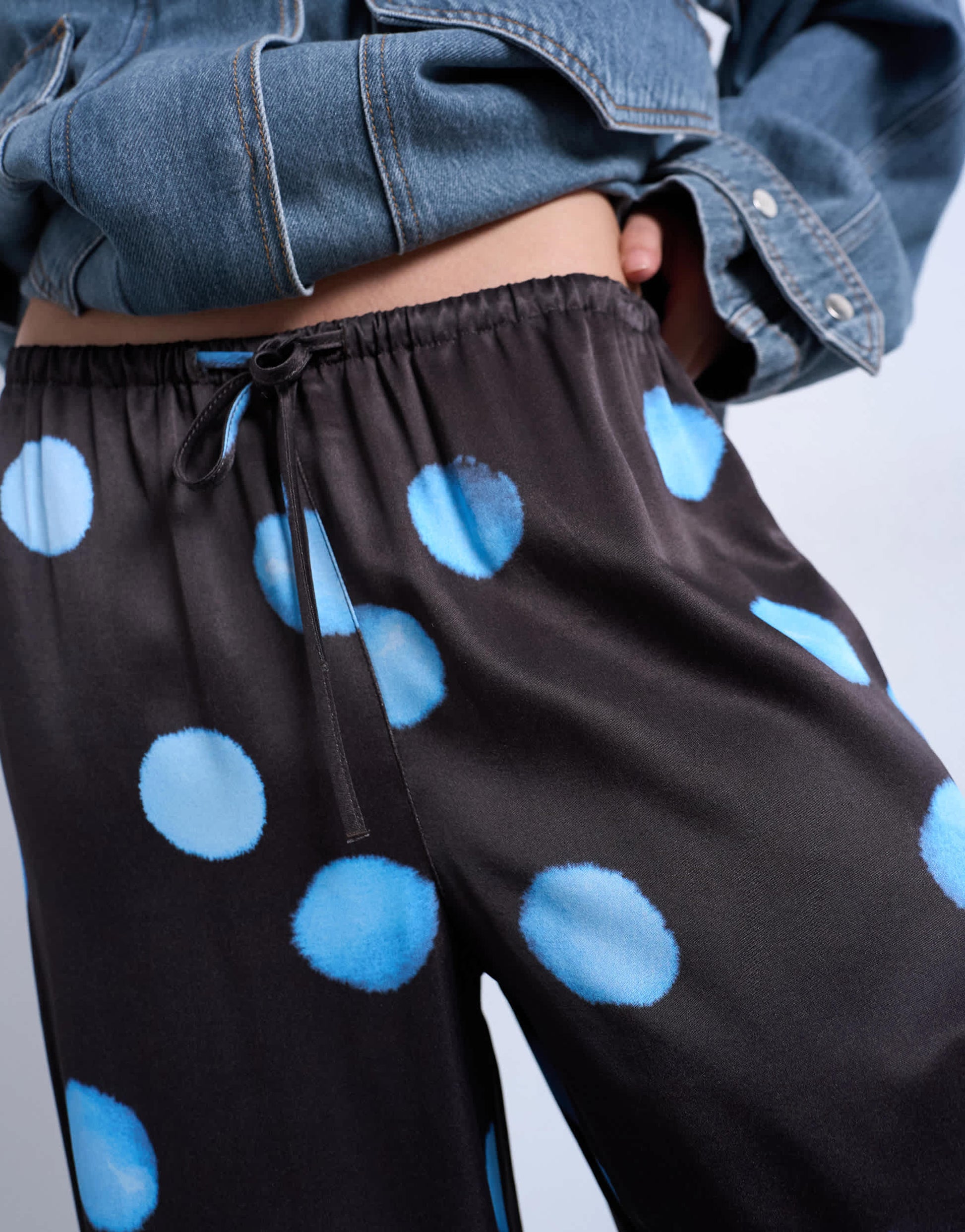 Topshop satin wide leg with tie waist trouser in polka dot
