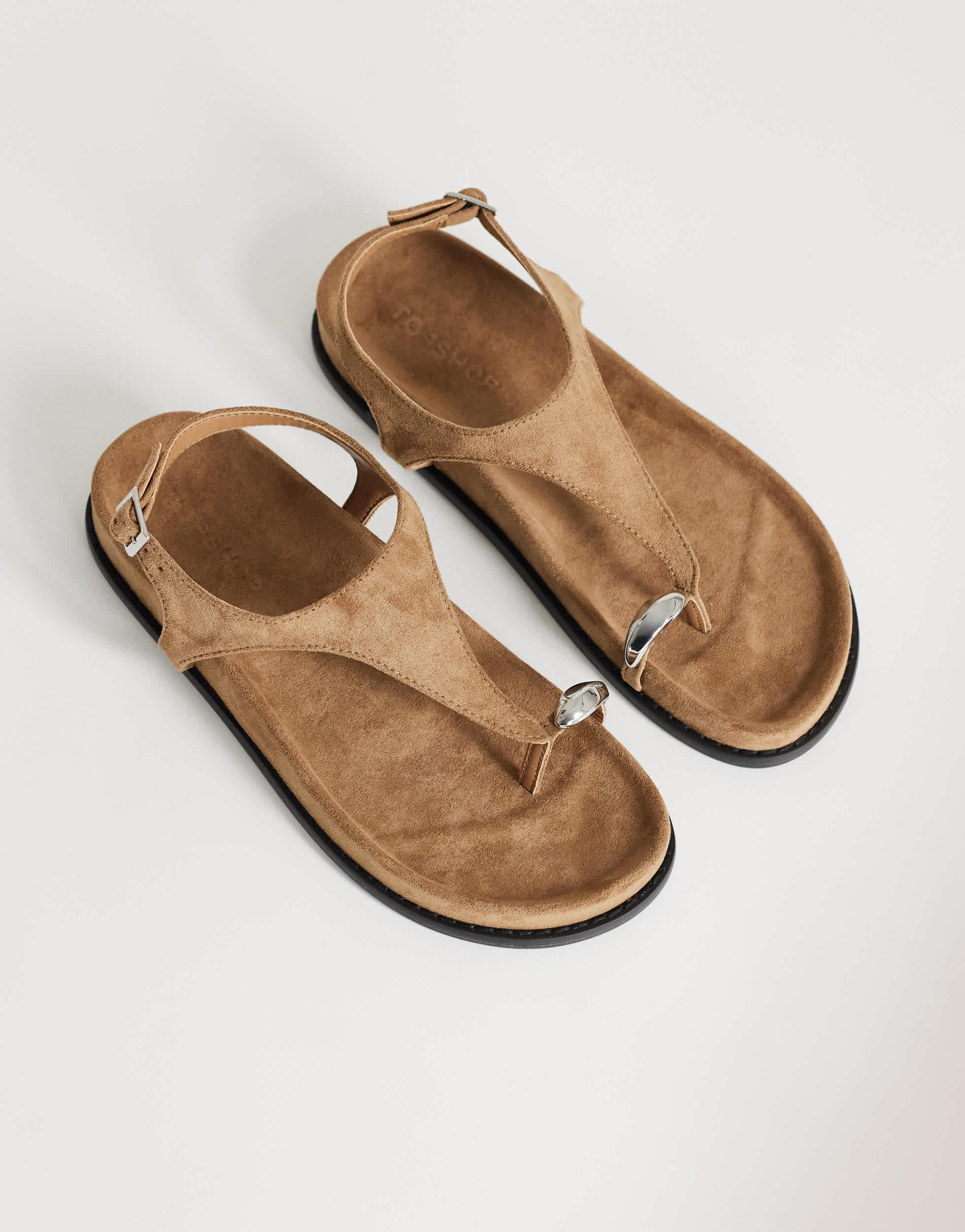 Topshop Elsie hardware footbed sandal in taupe faux suede