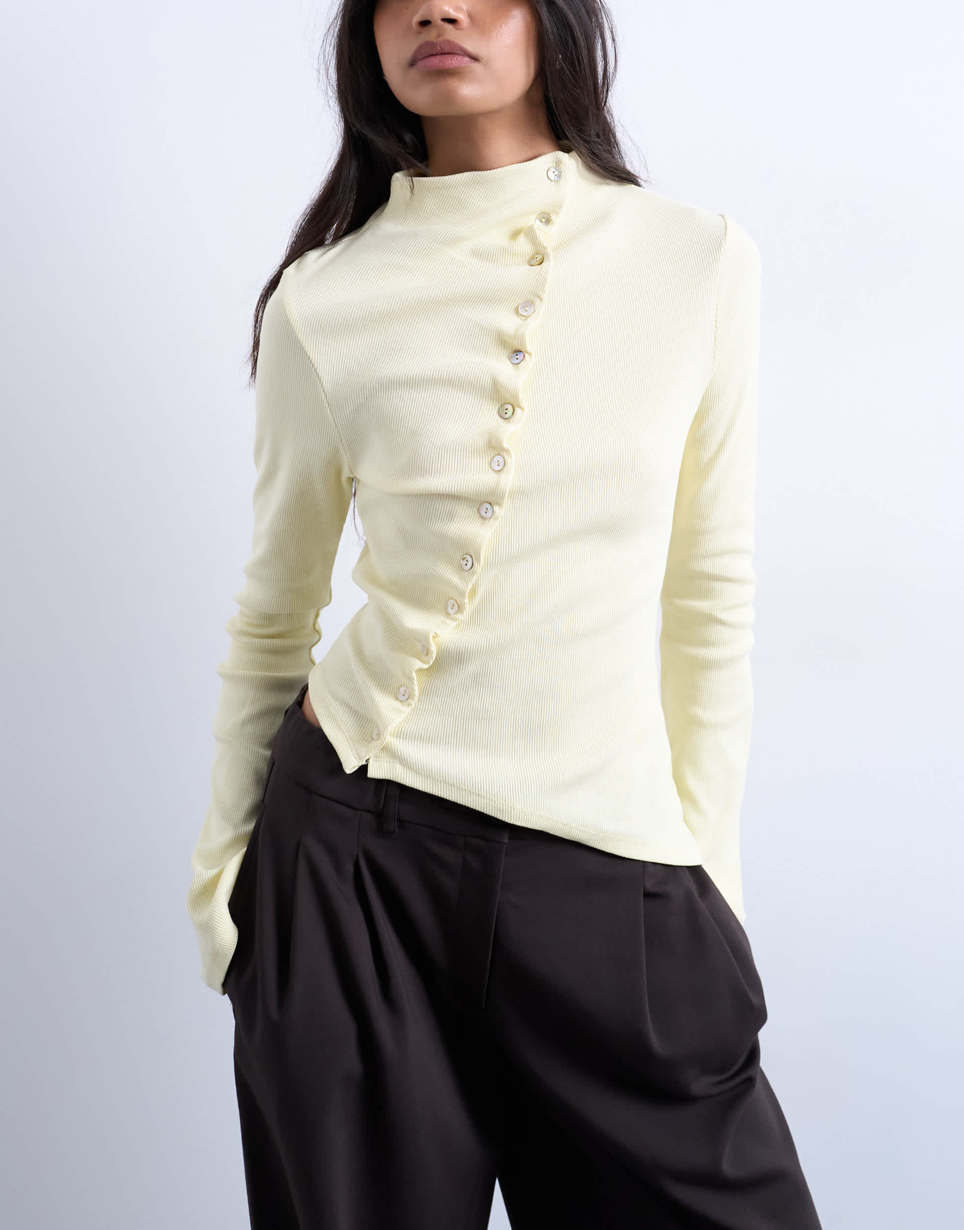 Topshop high neck ruffle button long sleeve top in buttermilk