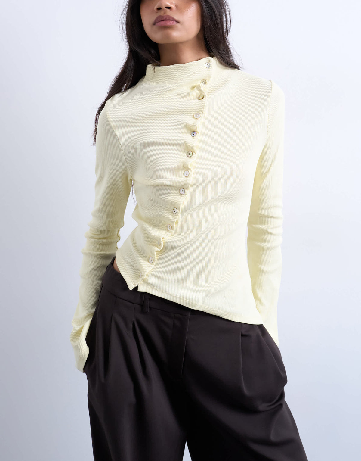 Topshop high neck ruffle button long sleeve top in buttermilk