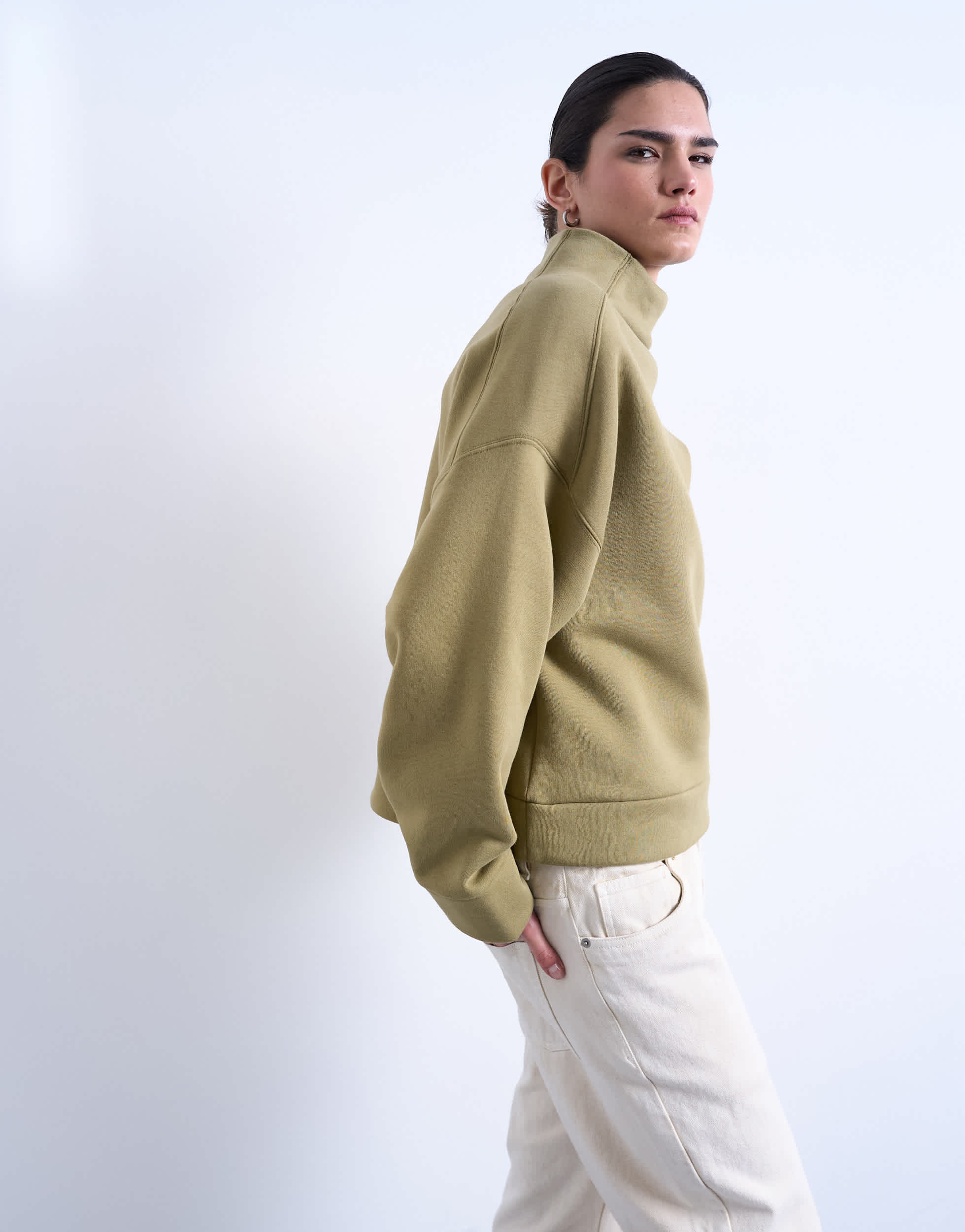 Topshop funnel neck oversized sweat in khaki