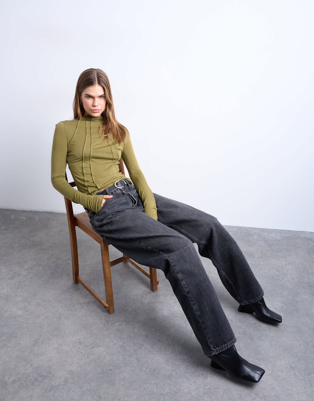 Topshop high neck seam detail long sleeve top in khaki