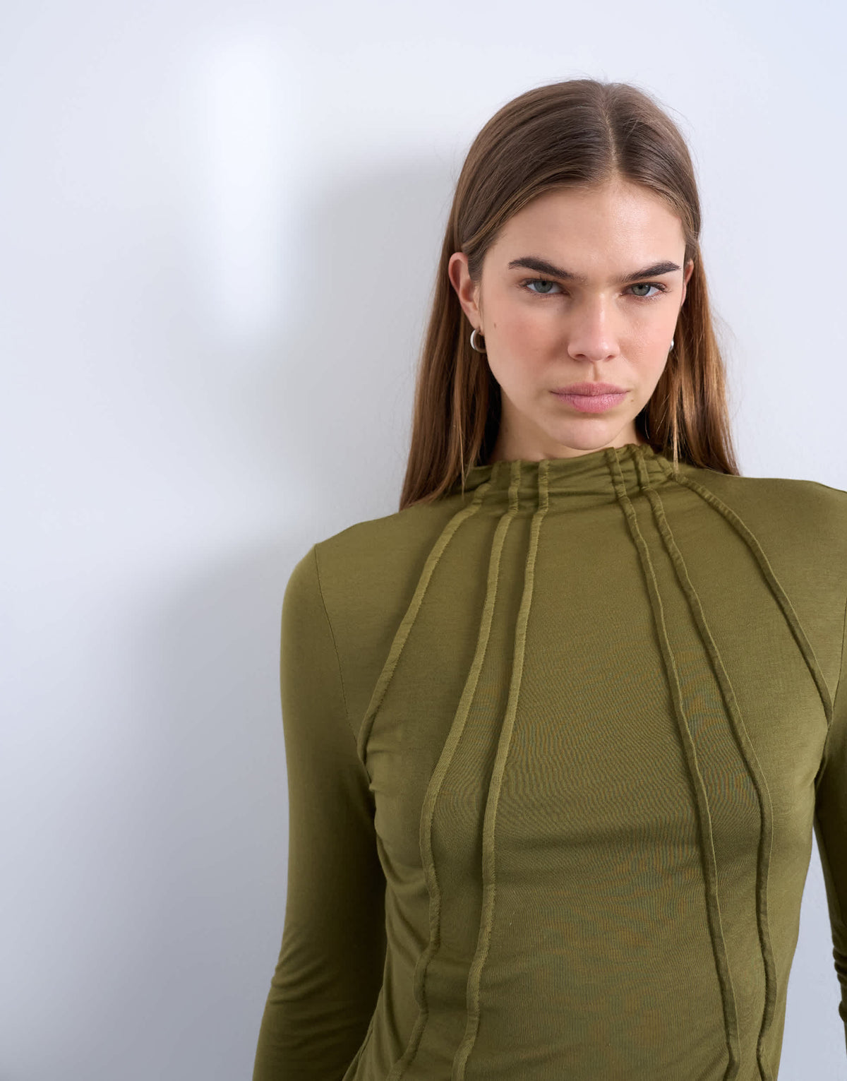 Topshop high neck seam detail long sleeve top in khaki