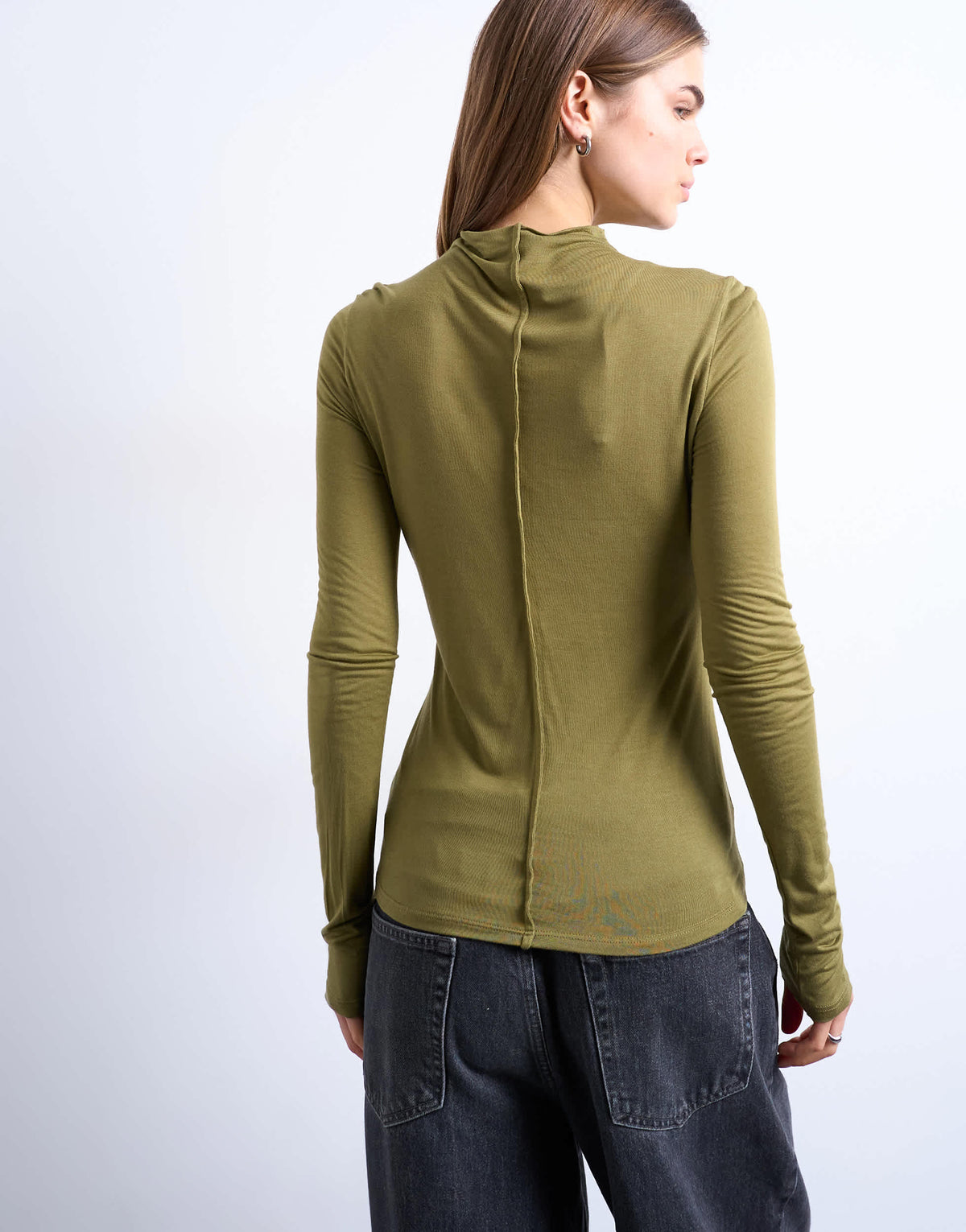 Topshop high neck seam detail long sleeve top in khaki