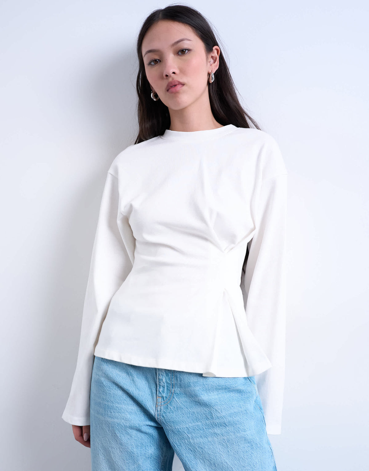 Topshop cinch waist structured long sleeve tee in white