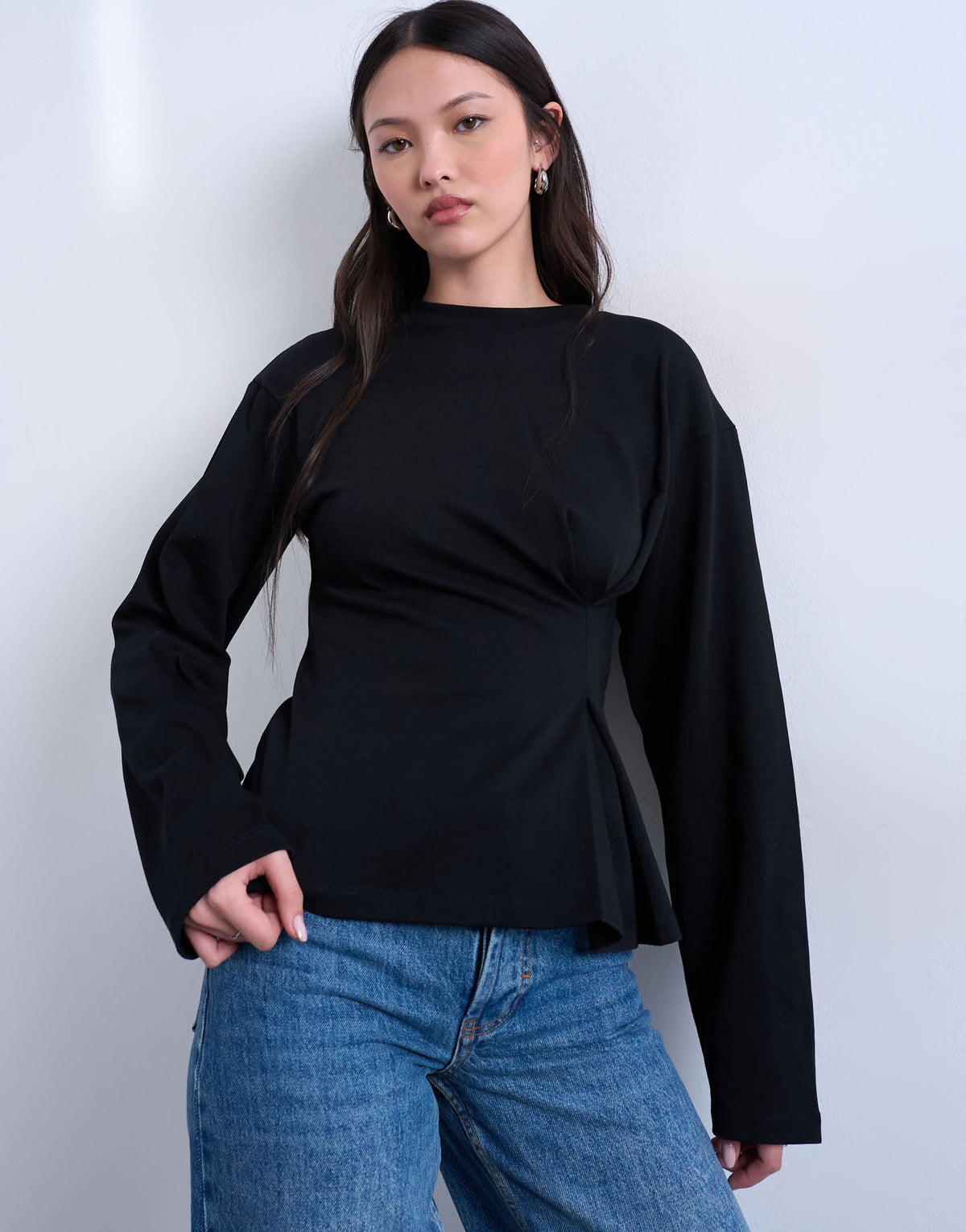 Topshop cinch waist structured long sleeve tee in black