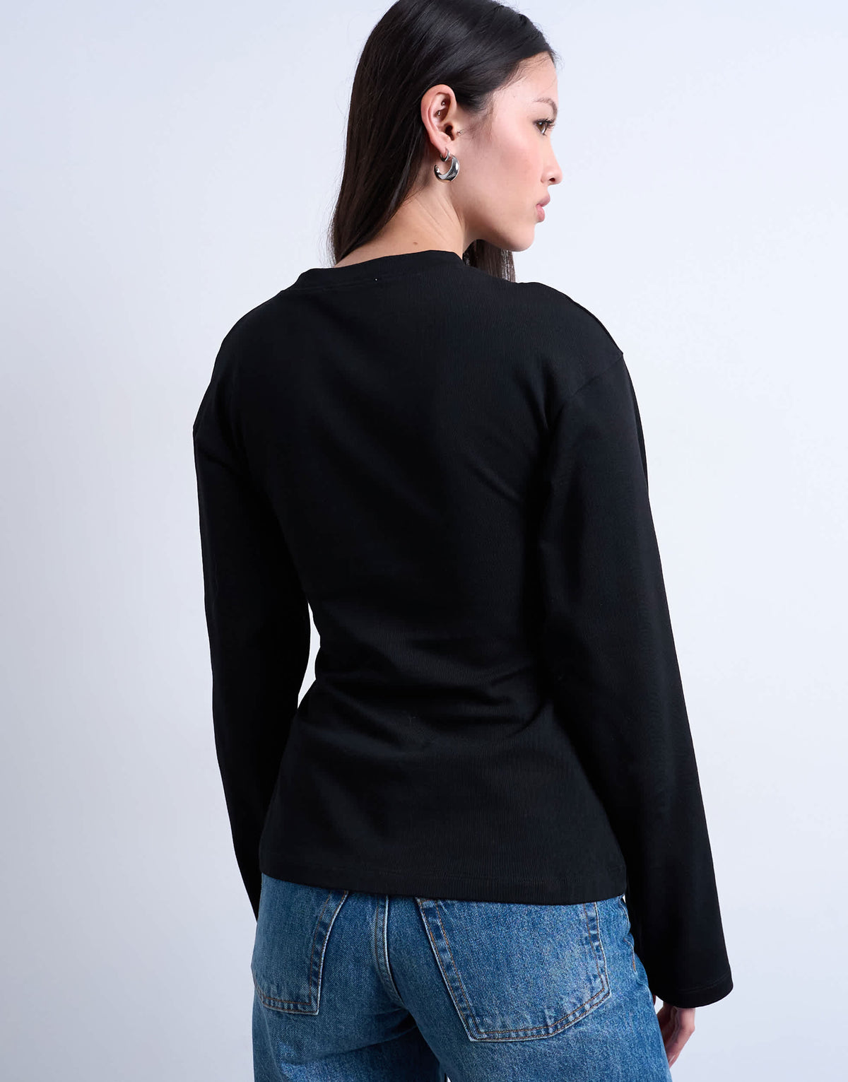 Topshop cinch waist structured long sleeve tee in black