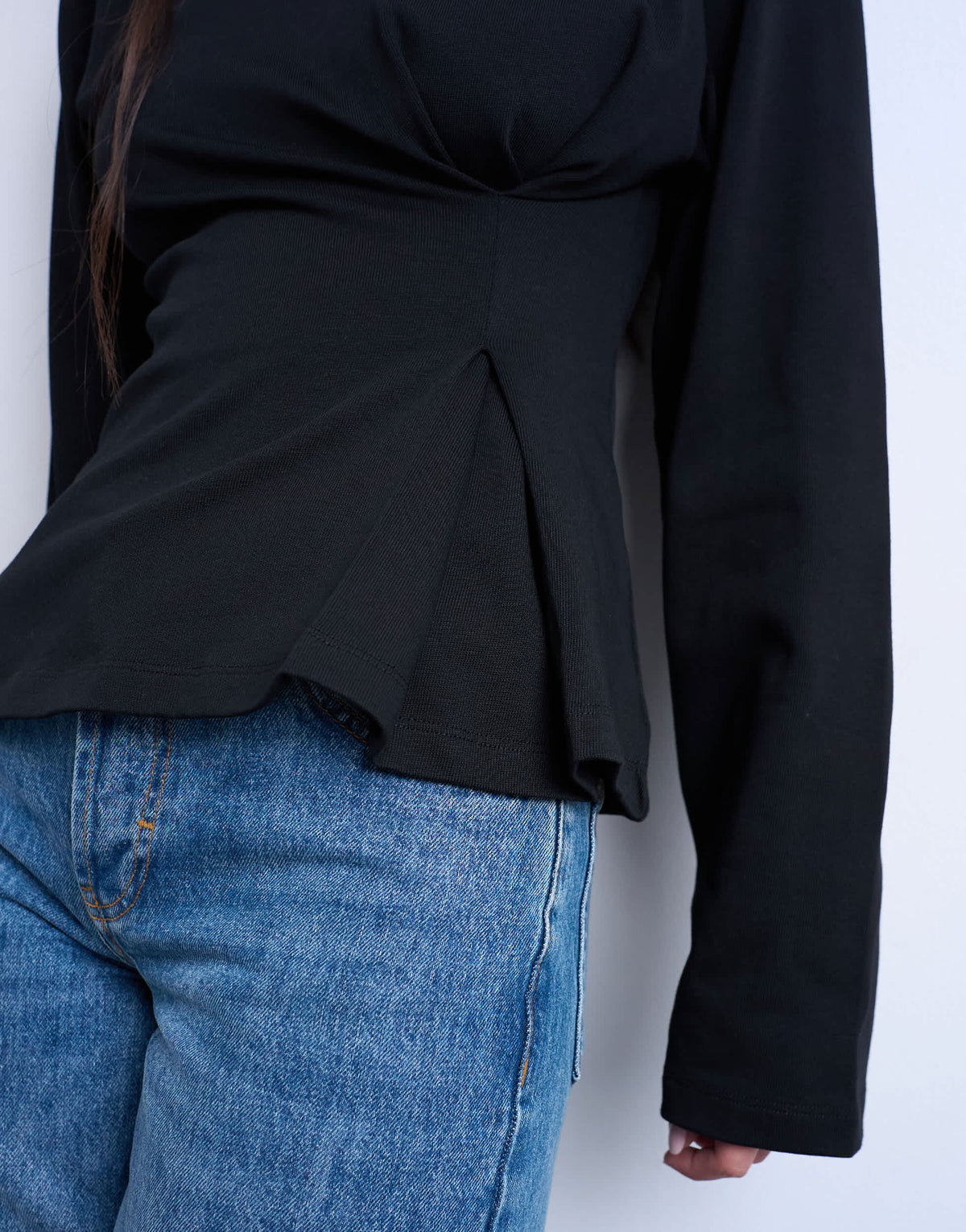 Topshop cinch waist structured long sleeve tee in black