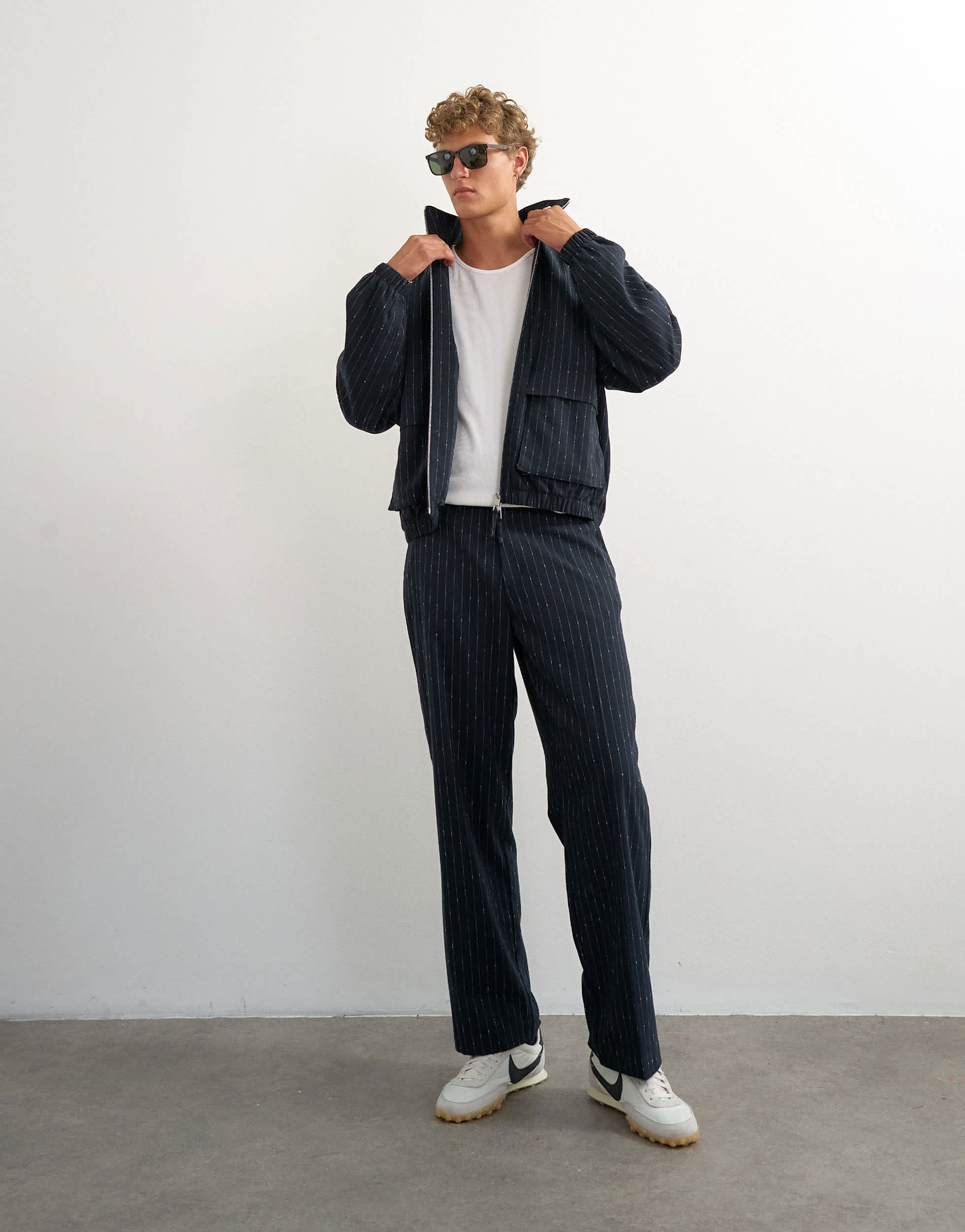Topman wide leg trouser with boucle pinstripe in navy