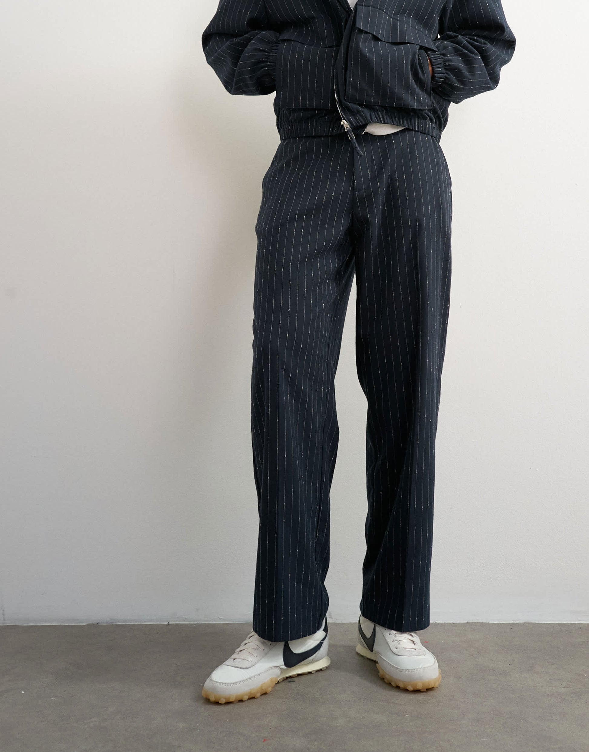 Topman wide leg trouser with boucle pinstripe in navy