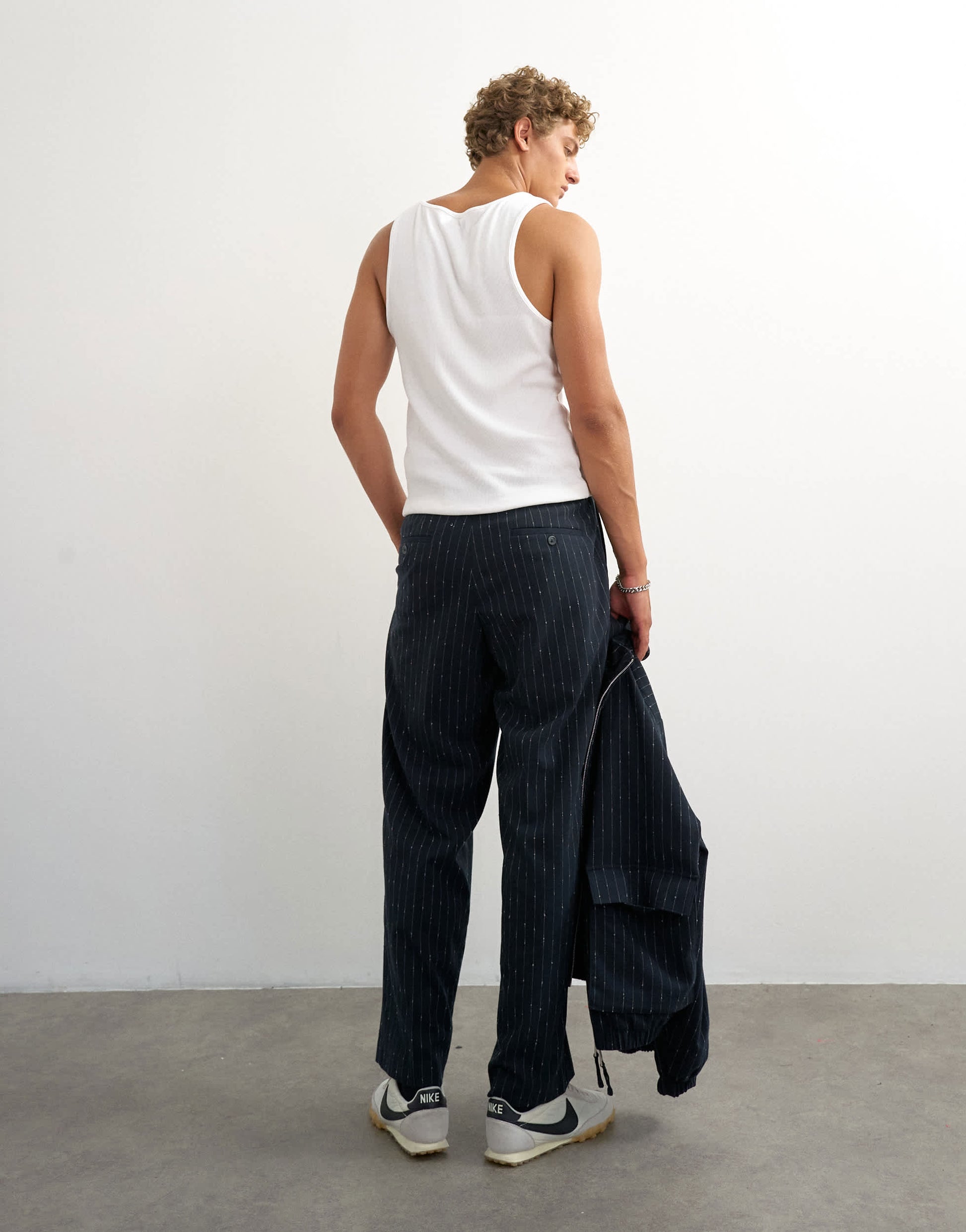 Topman wide leg trouser with boucle pinstripe in navy