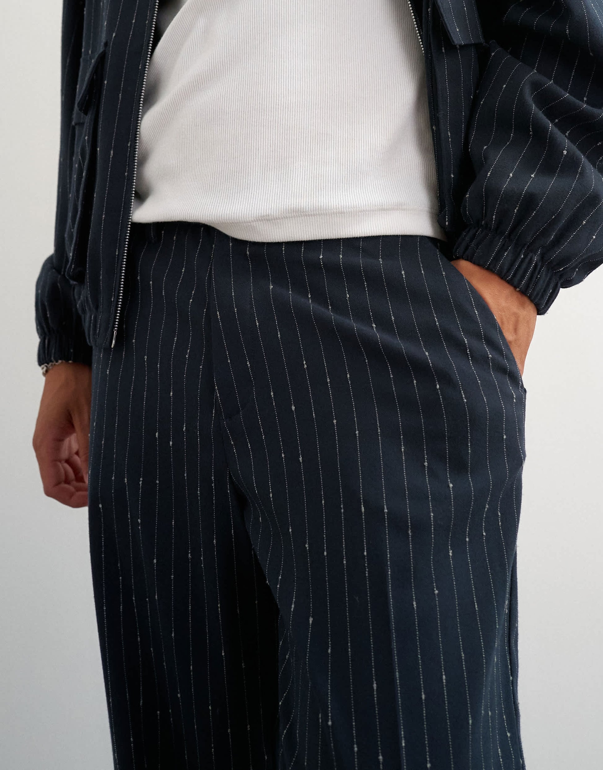 Topman wide leg trouser with boucle pinstripe in navy