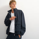 Topman oversized fit tailored funnel neck bomber with boucle pinstripe in navy
