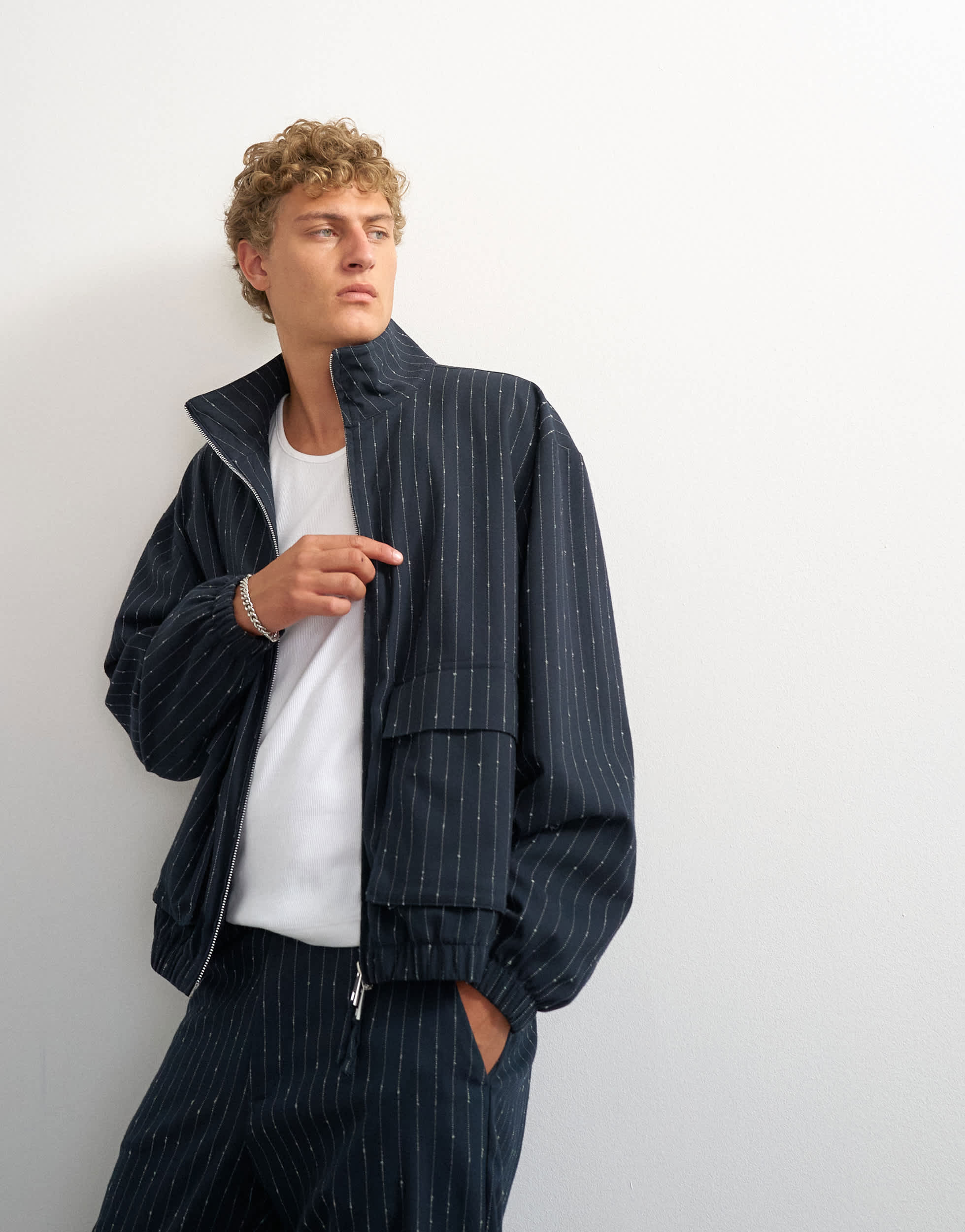 Topman oversized fit tailored funnel neck bomber with boucle pinstripe in navy