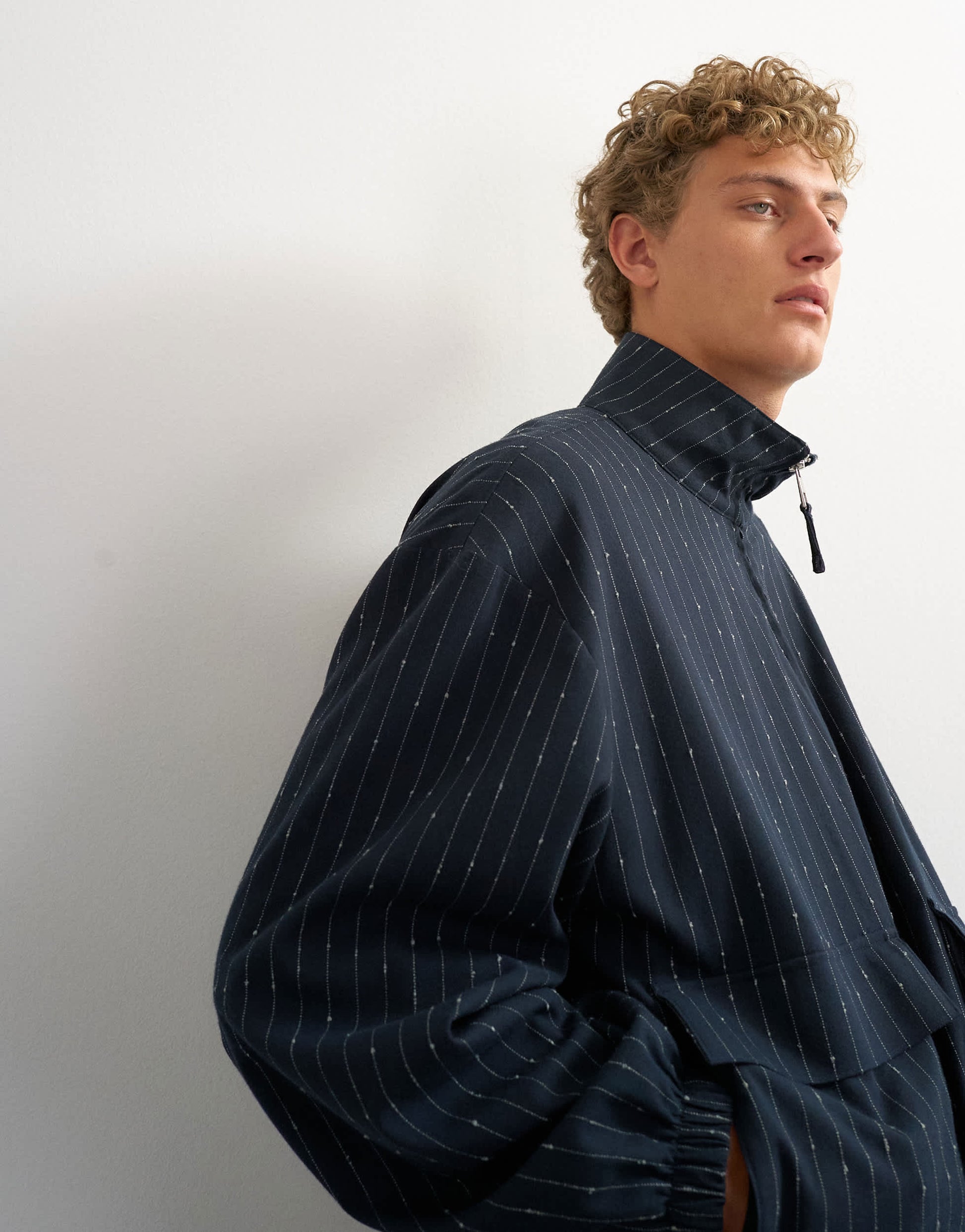Topman oversized fit tailored funnel neck bomber with boucle pinstripe in navy