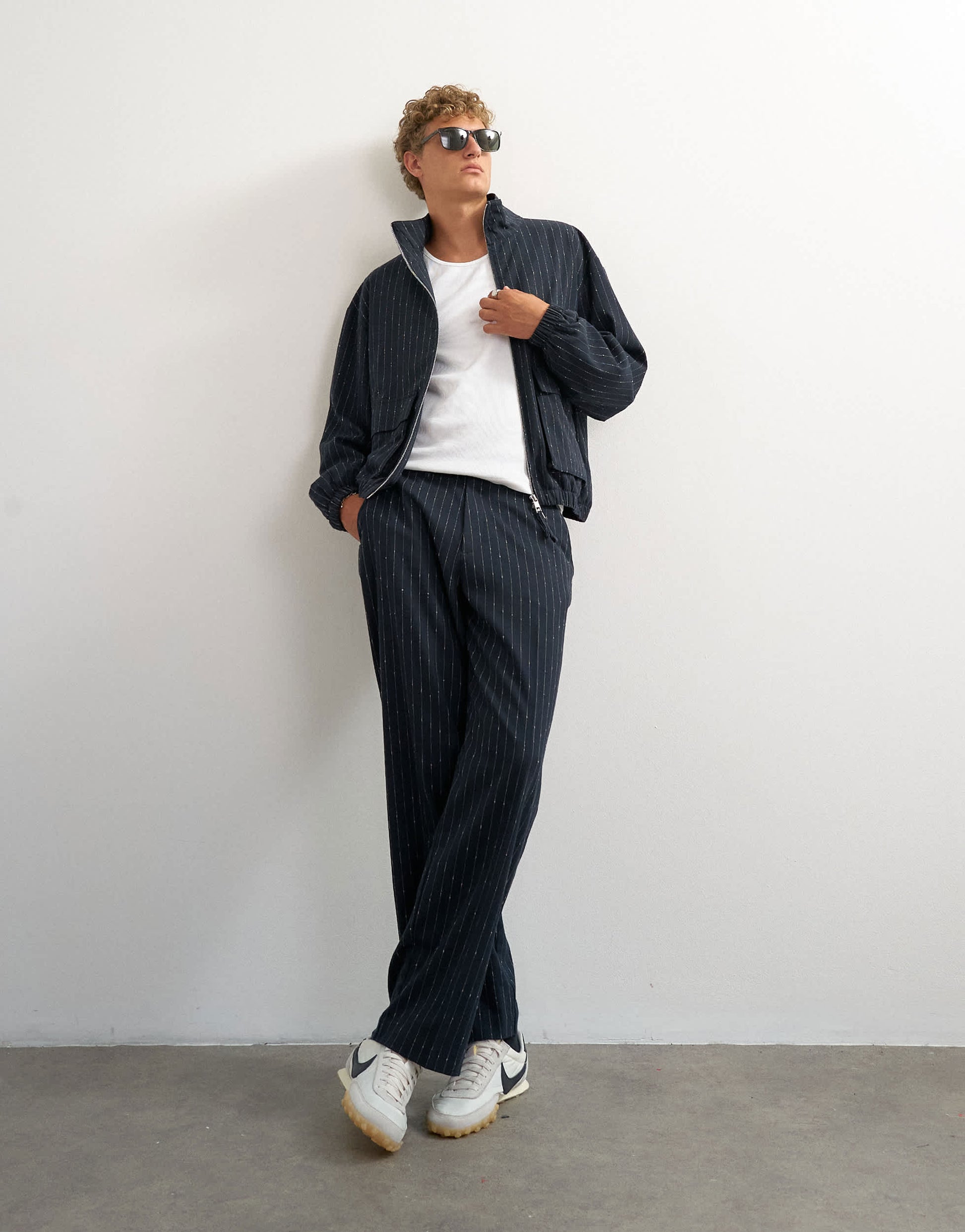 Topman oversized fit tailored funnel neck bomber with boucle pinstripe in navy