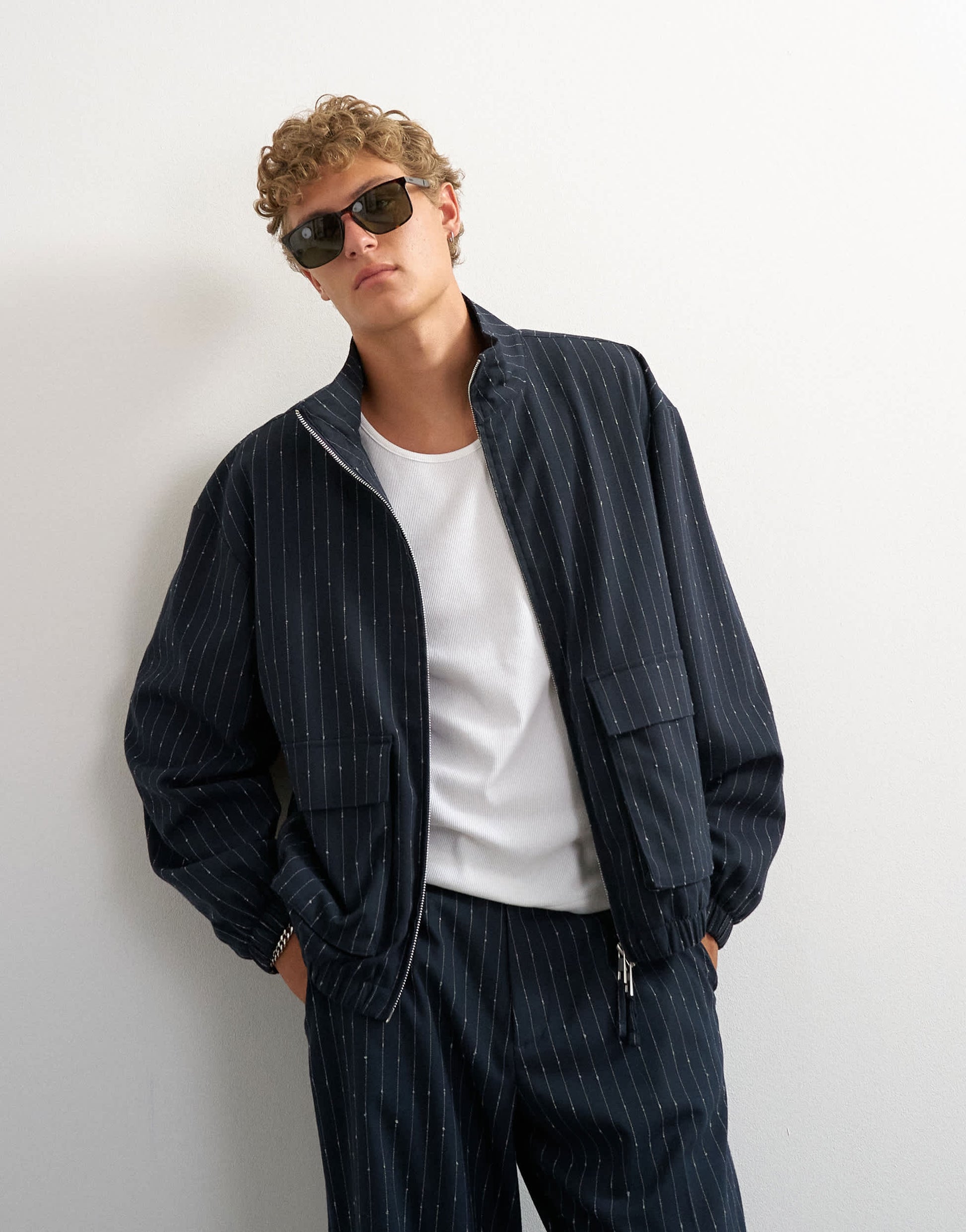 Topman oversized fit tailored funnel neck bomber with boucle pinstripe in navy