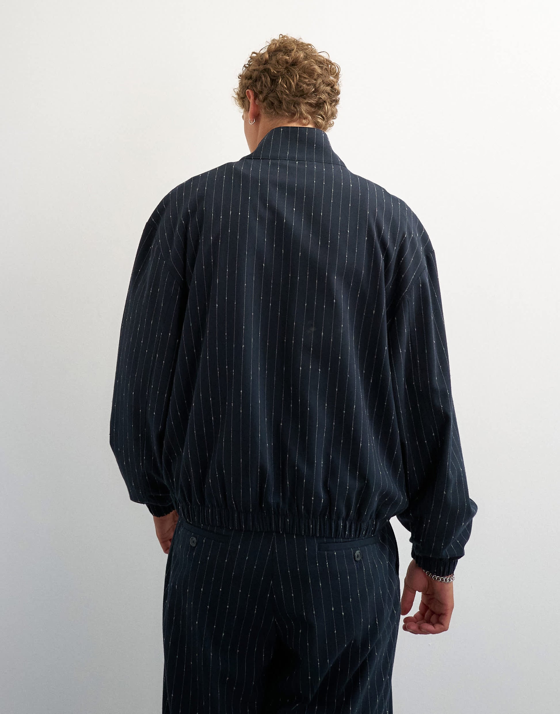 Topman oversized fit tailored funnel neck bomber with boucle pinstripe in navy