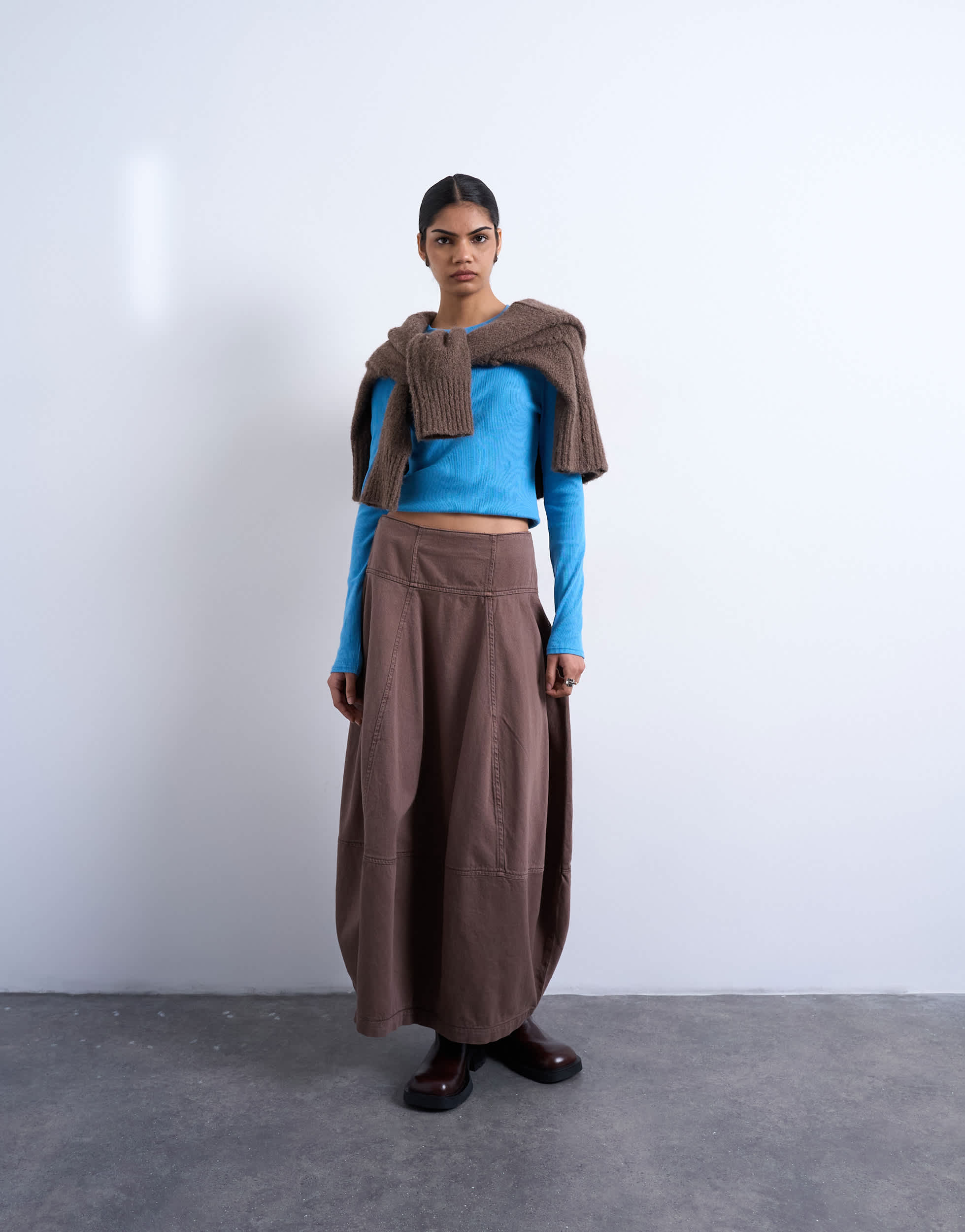 Topshop denim seamed barrel maxi skirt in otter