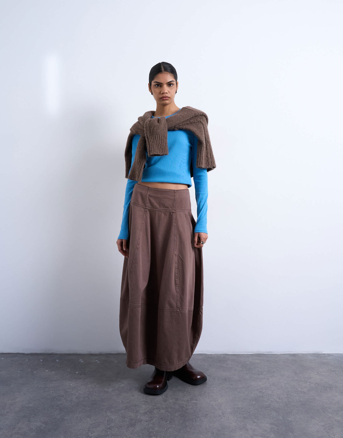 Topshop denim seamed barrel maxi skirt in otter