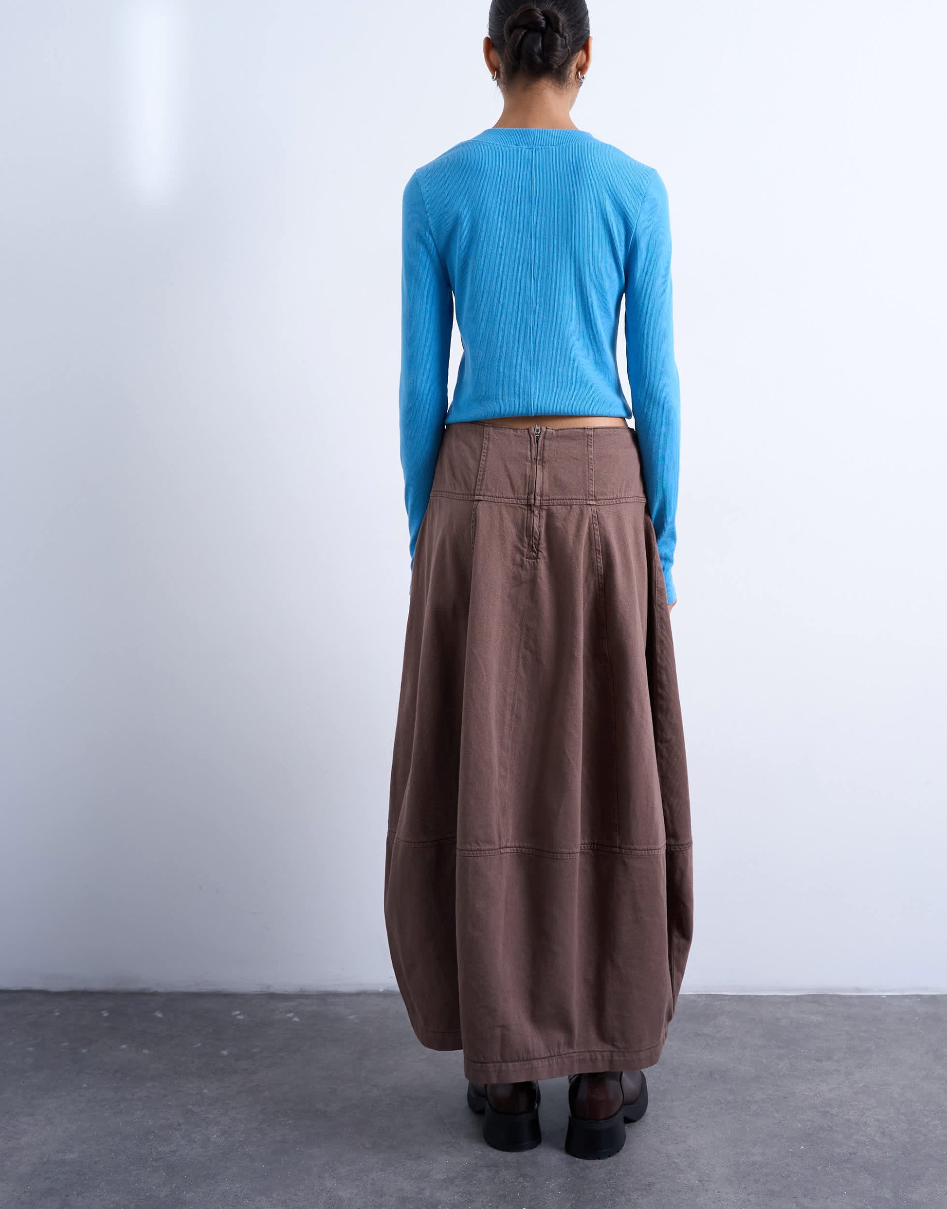 Topshop denim seamed barrel maxi skirt in otter
