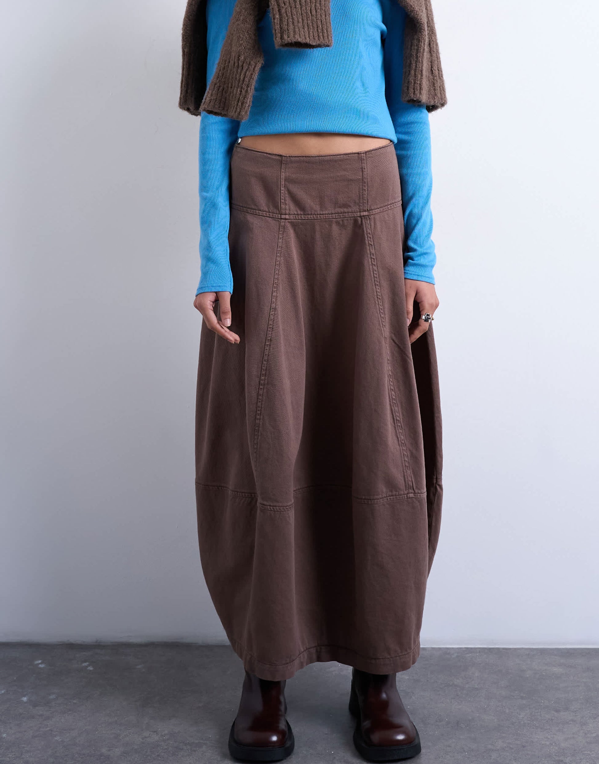 Topshop denim seamed barrel maxi skirt in otter