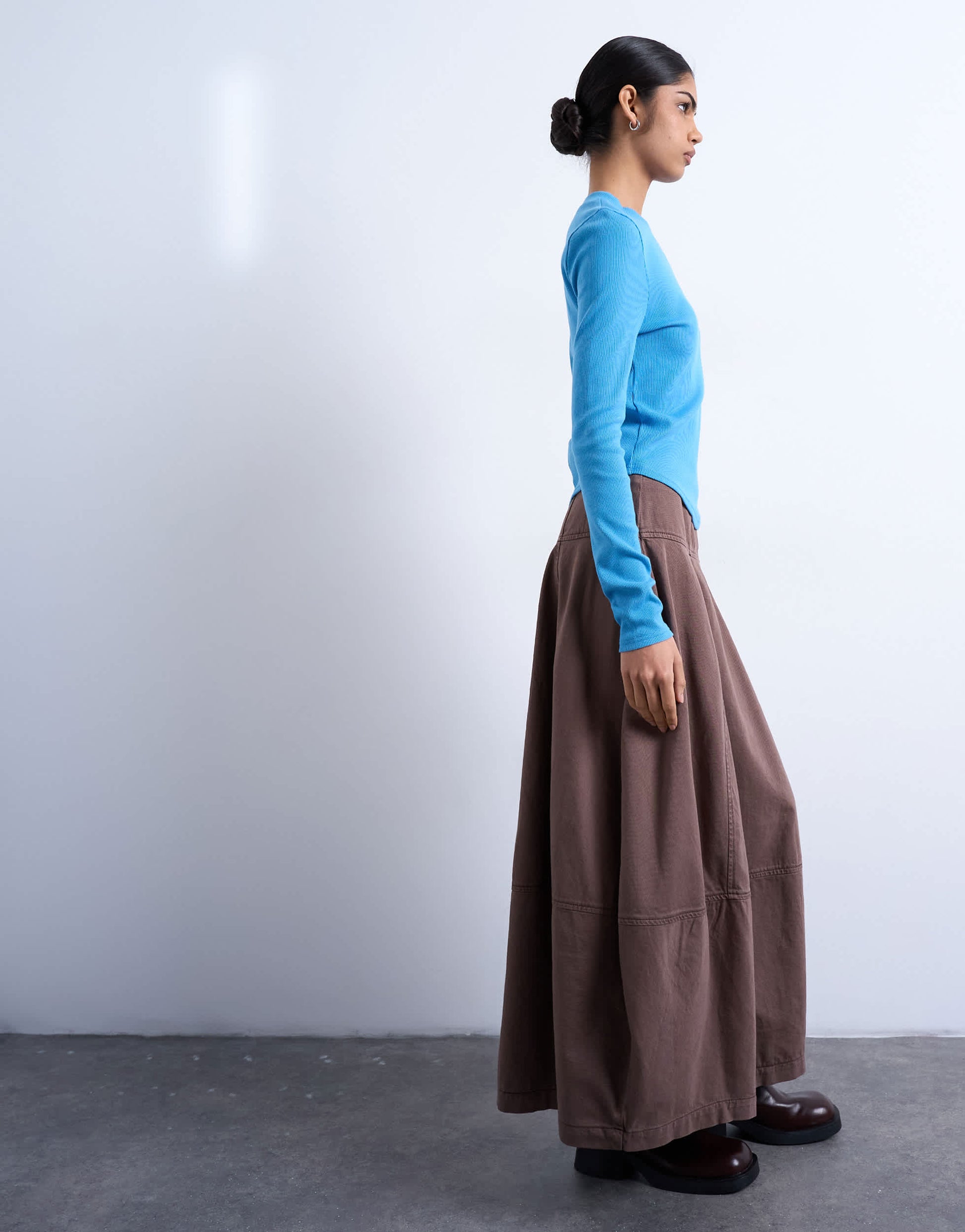Topshop denim seamed barrel maxi skirt in otter