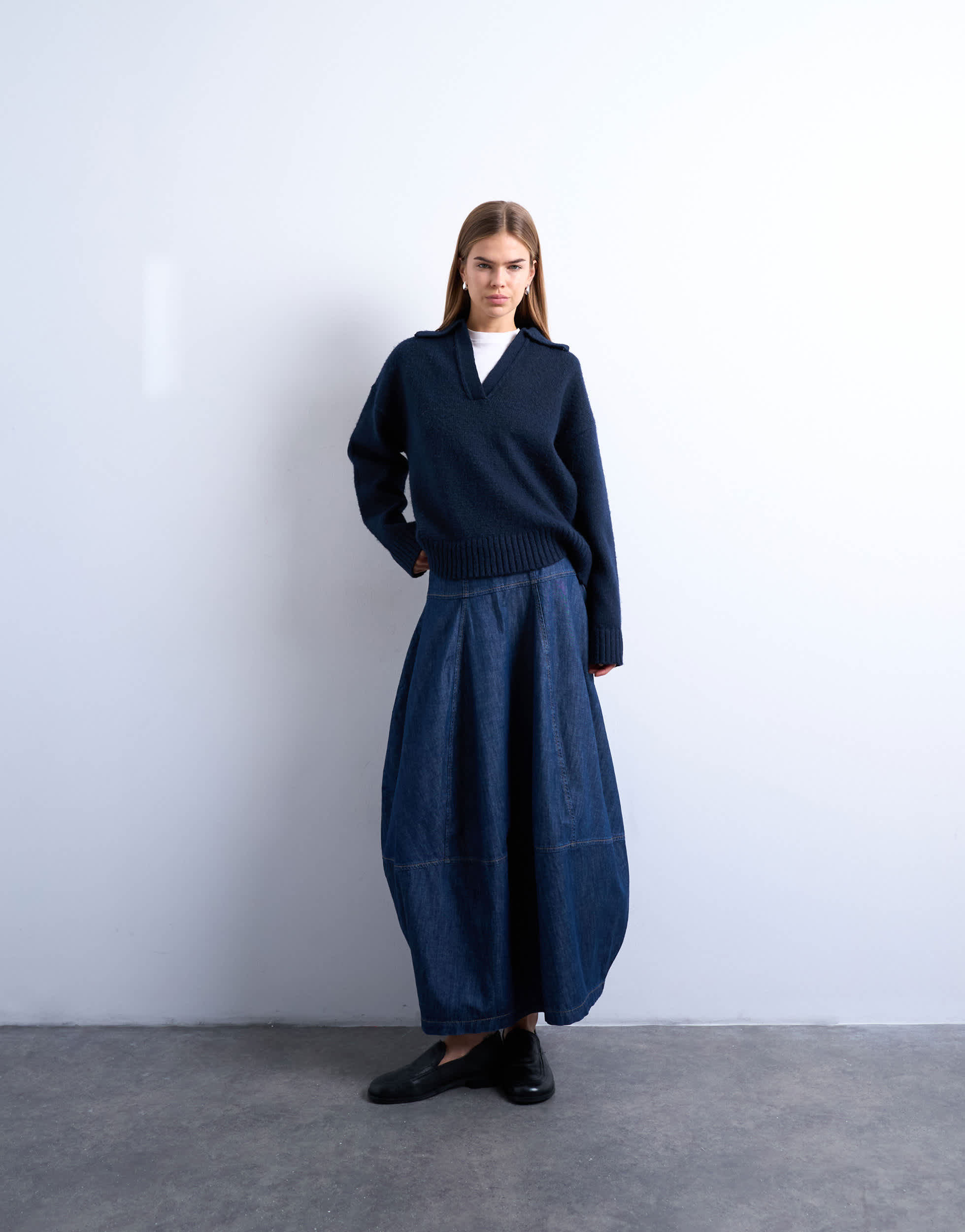Topshop denim seamed barrel maxi skirt in rich blue