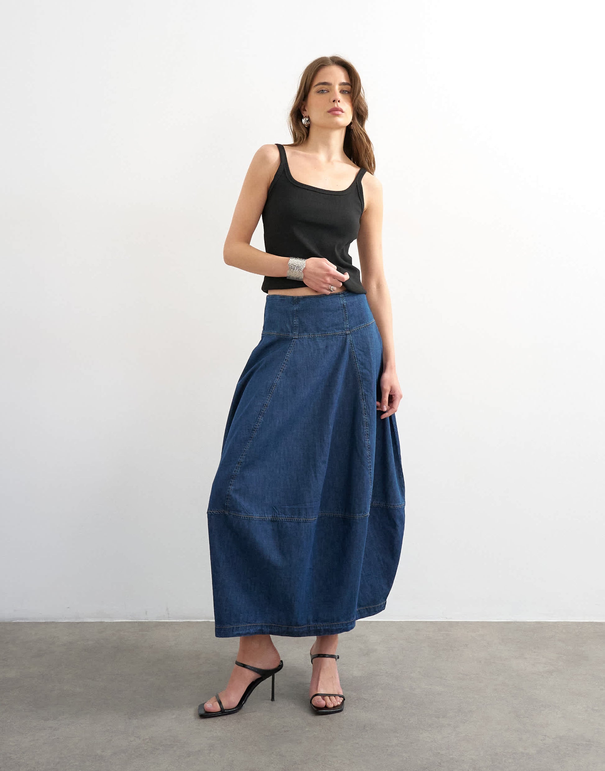 Topshop denim seamed barrel maxi skirt in rich blue