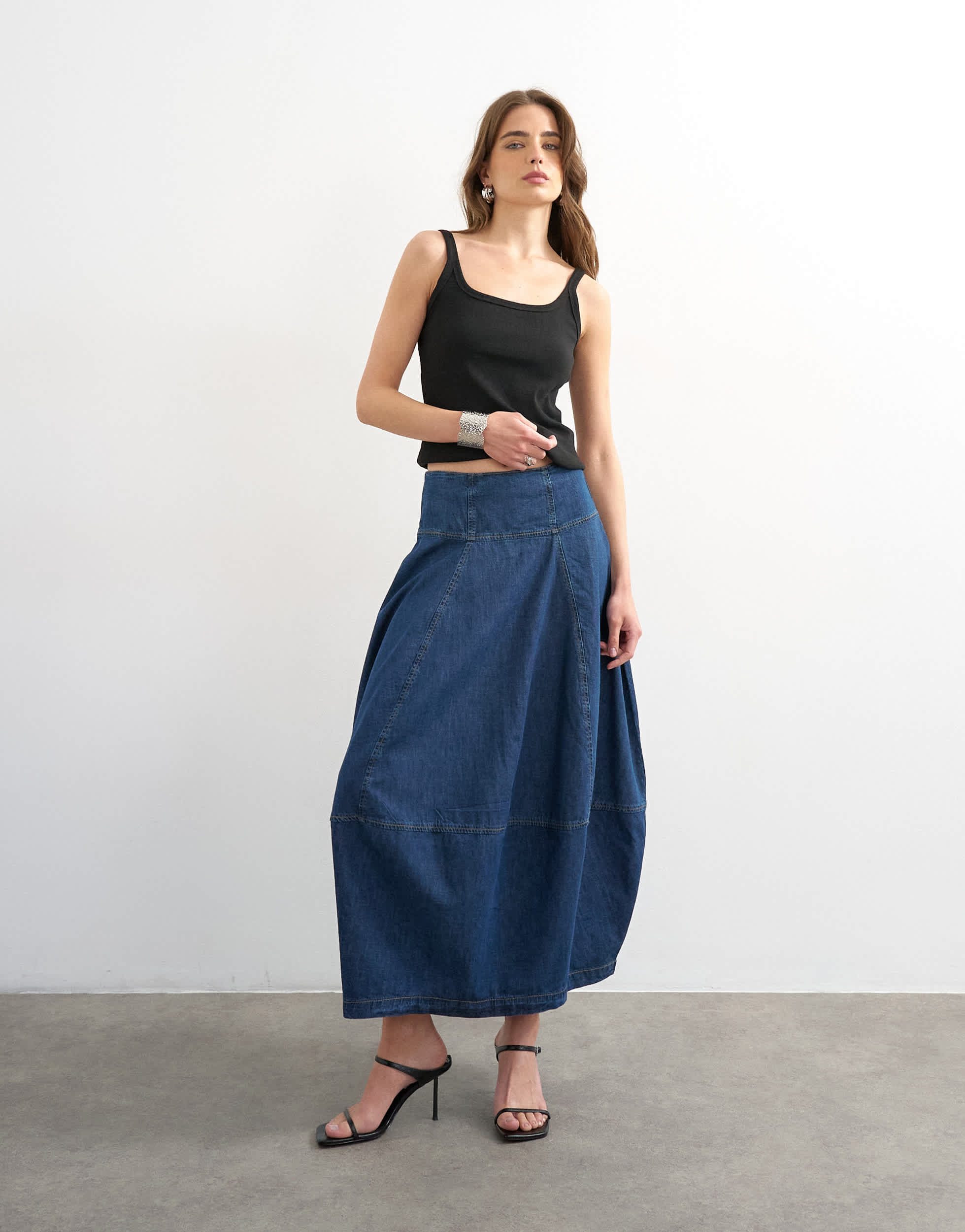 Topshop denim seamed barrel maxi skirt in rich blue