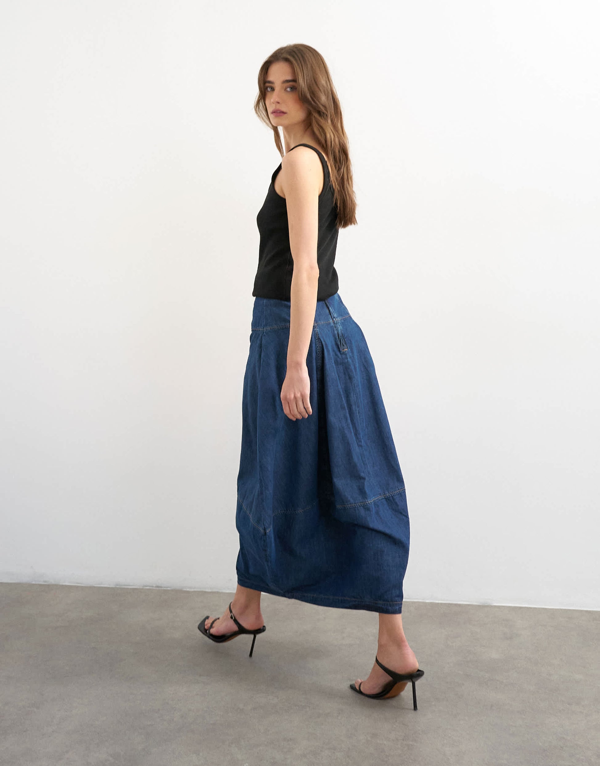 Topshop denim seamed barrel maxi skirt in rich blue