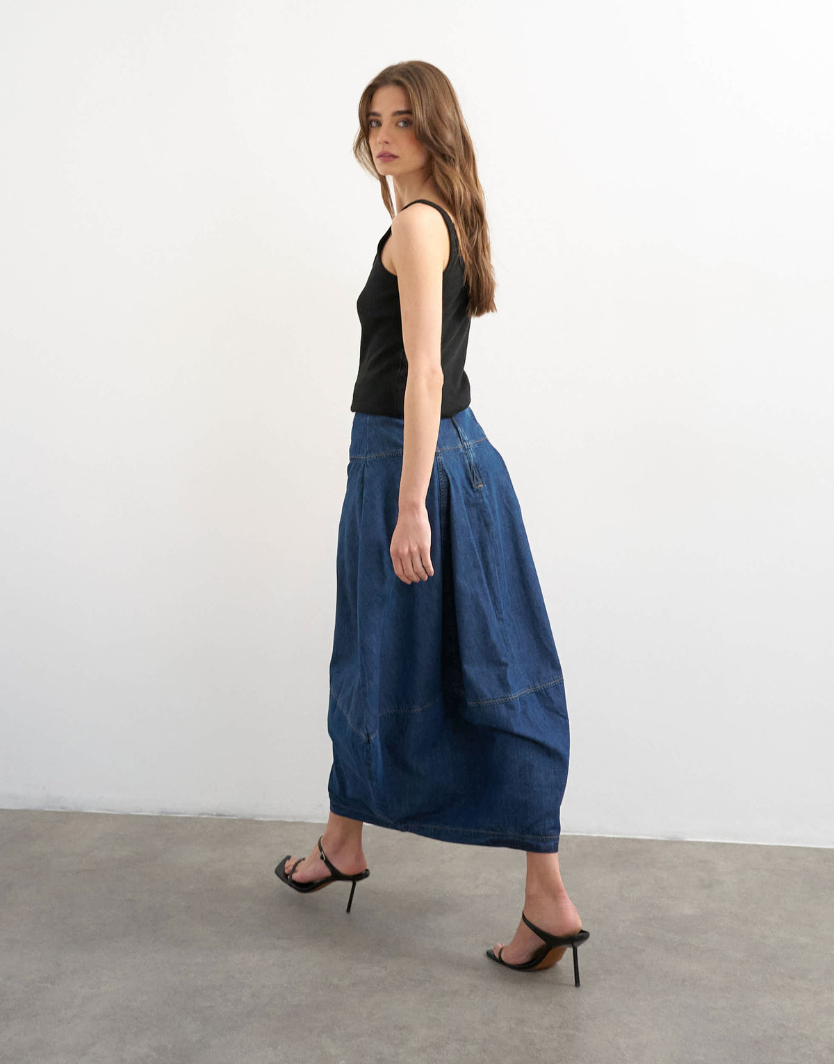 Topshop denim seamed barrel maxi skirt in rich blue