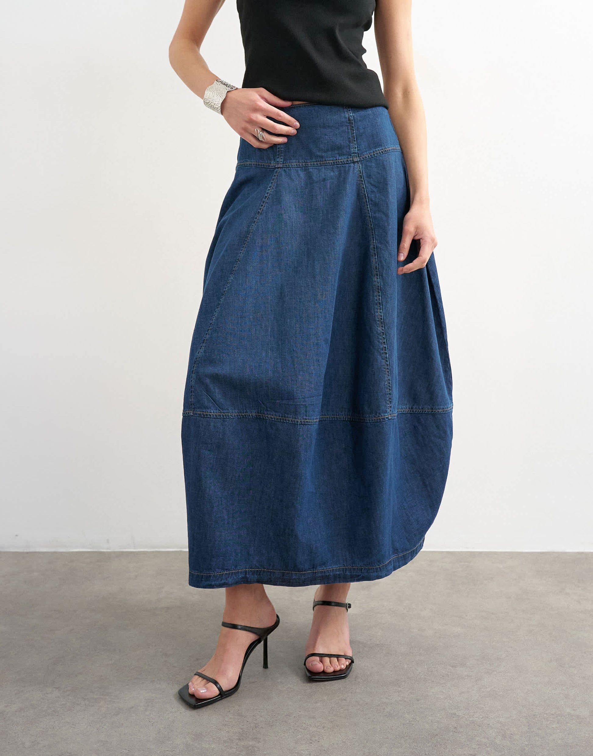 Topshop denim seamed barrel maxi skirt in rich blue